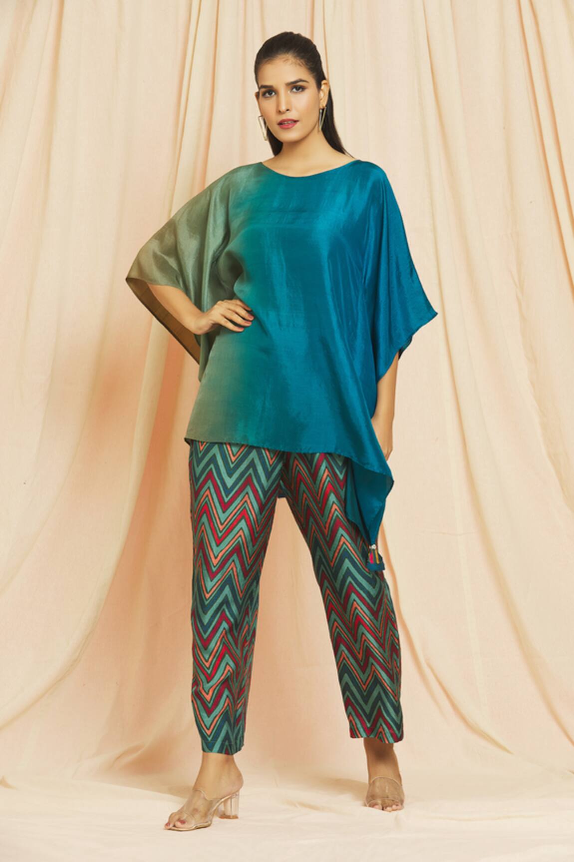 Meghna Panchmatia Ombre Kaftan With Chevron Print Pant