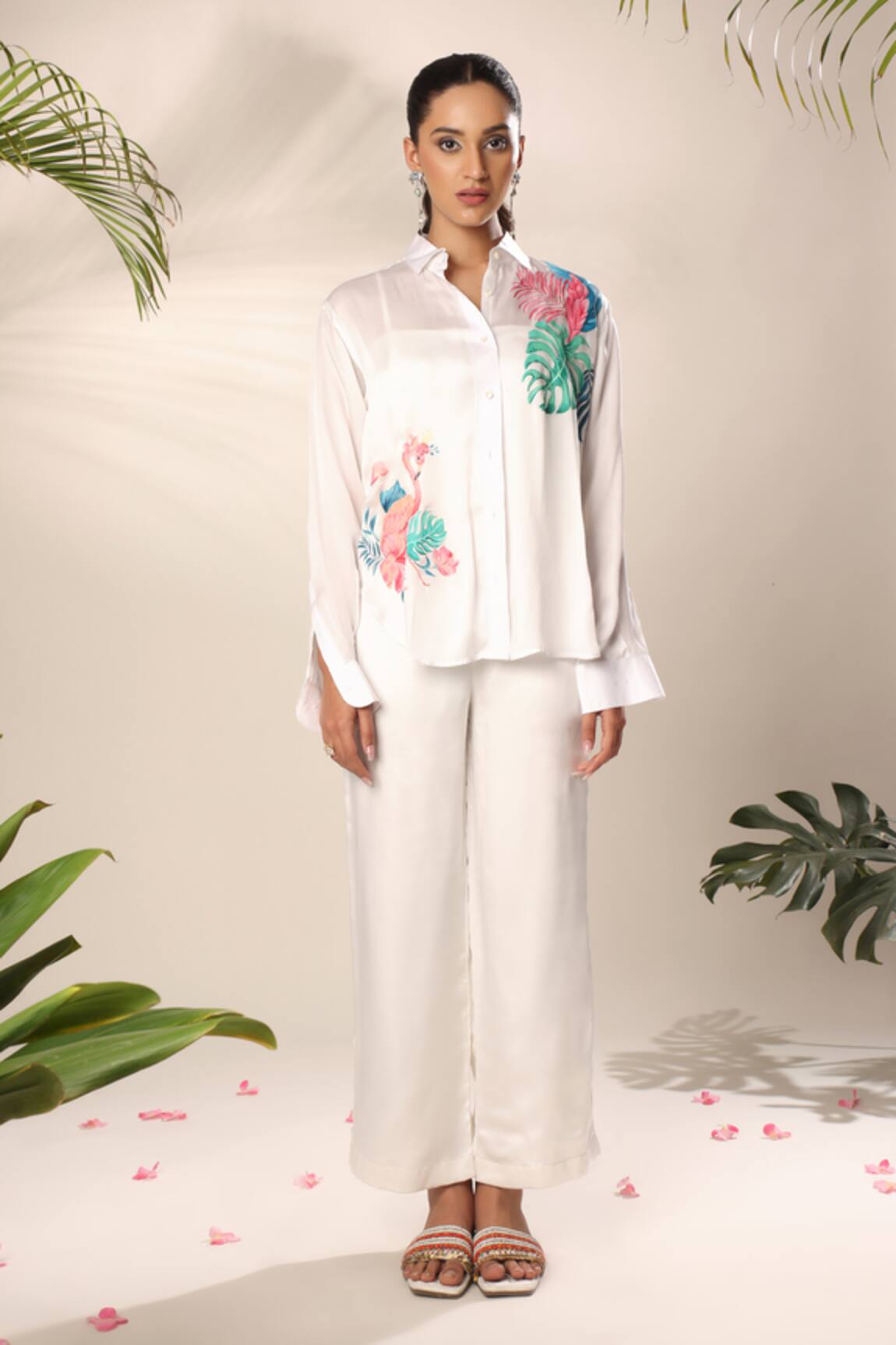 Kyra By Nina + Deepika Hand Painted Monstera & Flamingo Shirt With Pant 