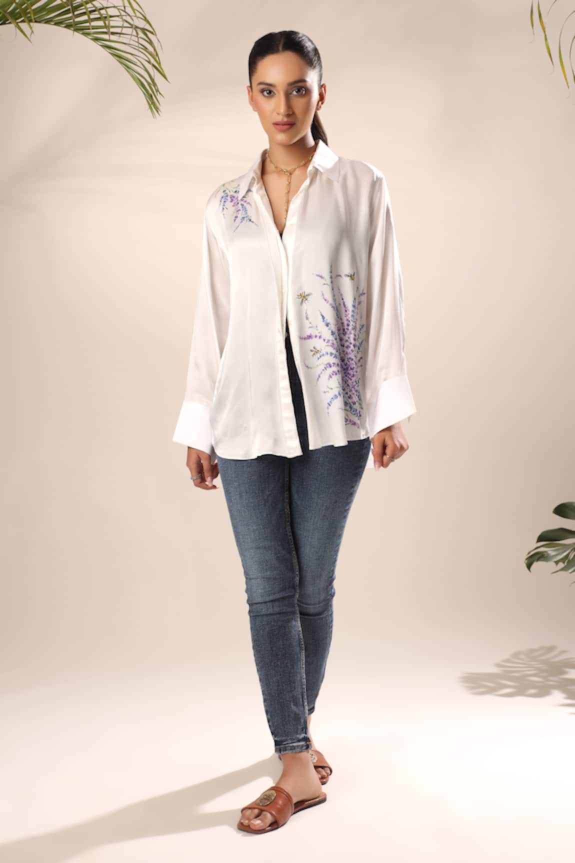 Kyra By Nina + Deepika Flower Hand Painted Collared Shirt 