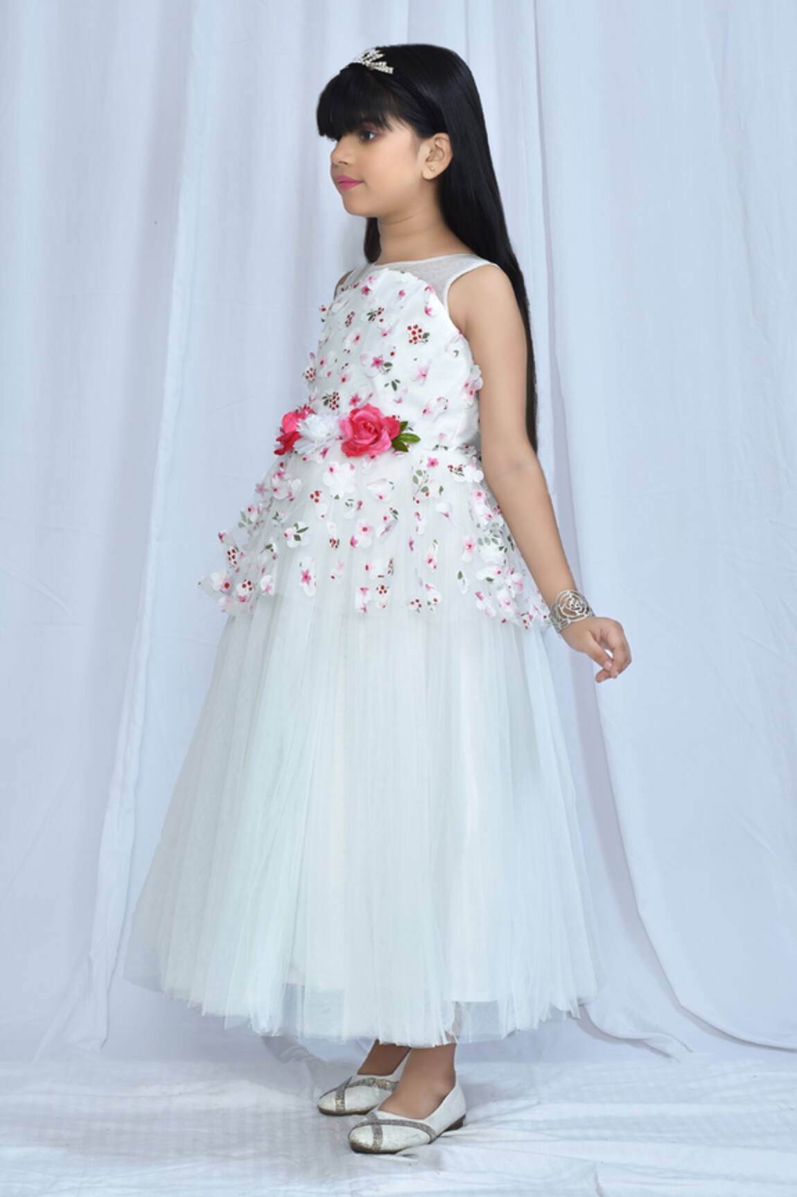 Majestic White Coloured Net Russell Net Dress | Leemboodi