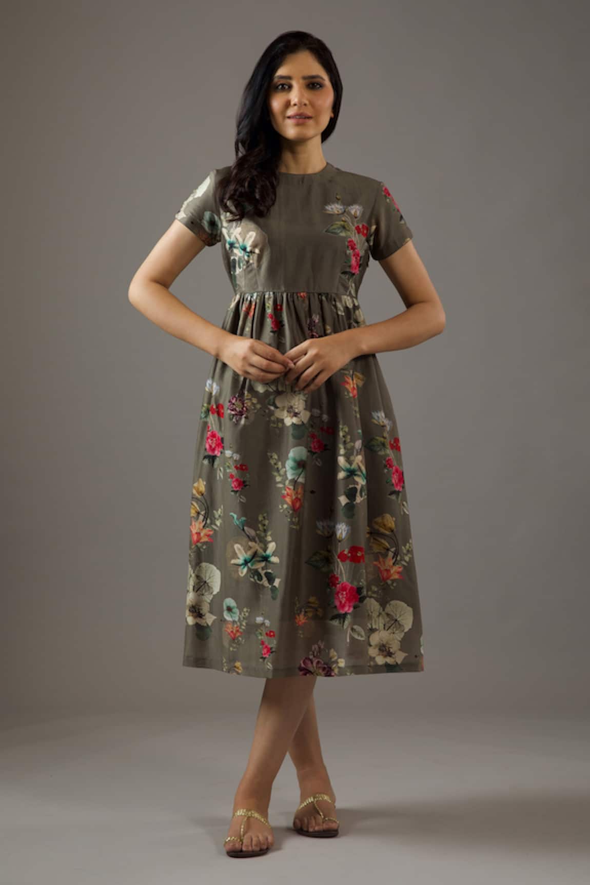 Balance By Rohit Bal Chanderi Silk Floral Print Dress 