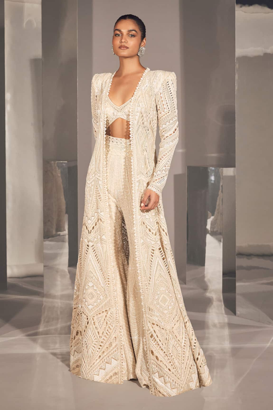 Ritika Mirchandani Afet Cutwork Crystal Embellished Jacket Sharara Set