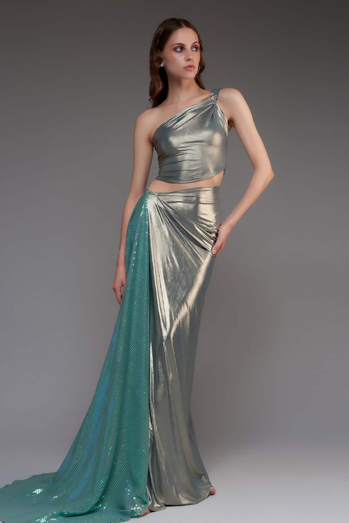 Cham Cham Sequined Draped Skirt With Top 
