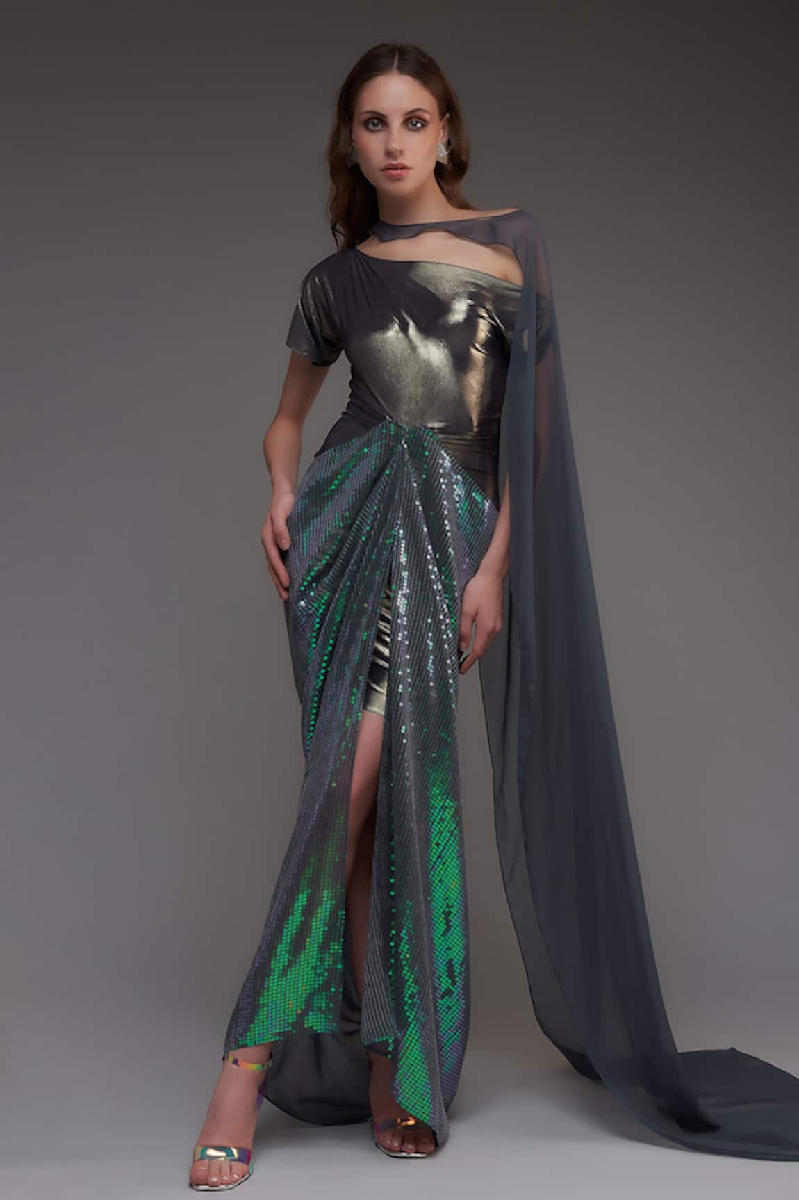 Cham Cham Sequined Draped Metallic Gown With Cape