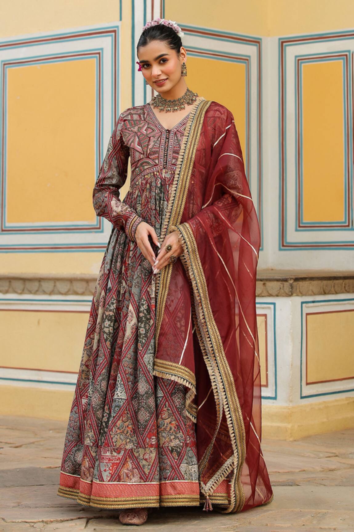 Bairaas Persian Art Print Anarkali With Dupatta