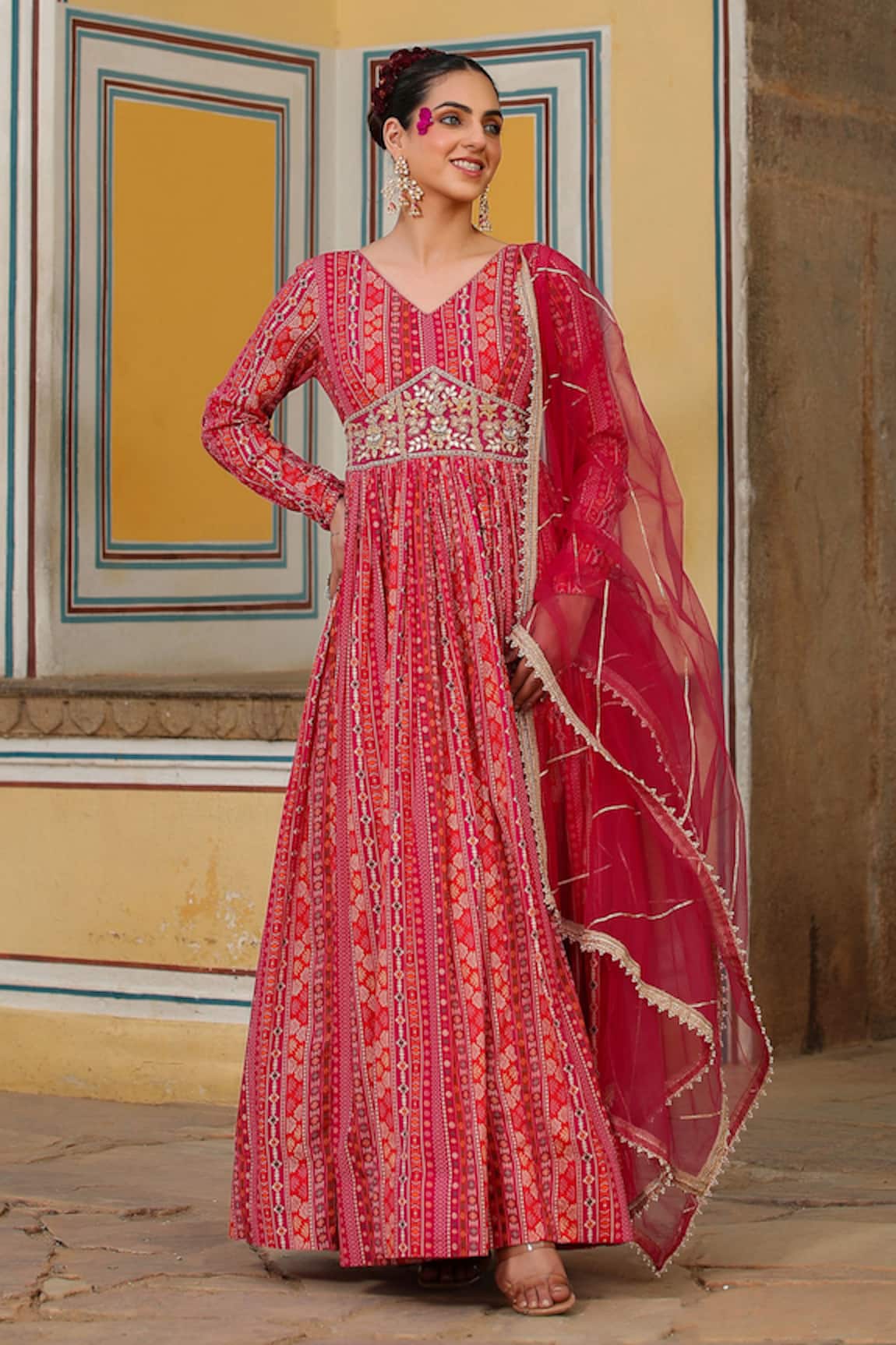 Bairaas Geometric Print Anarkali With Dupatta