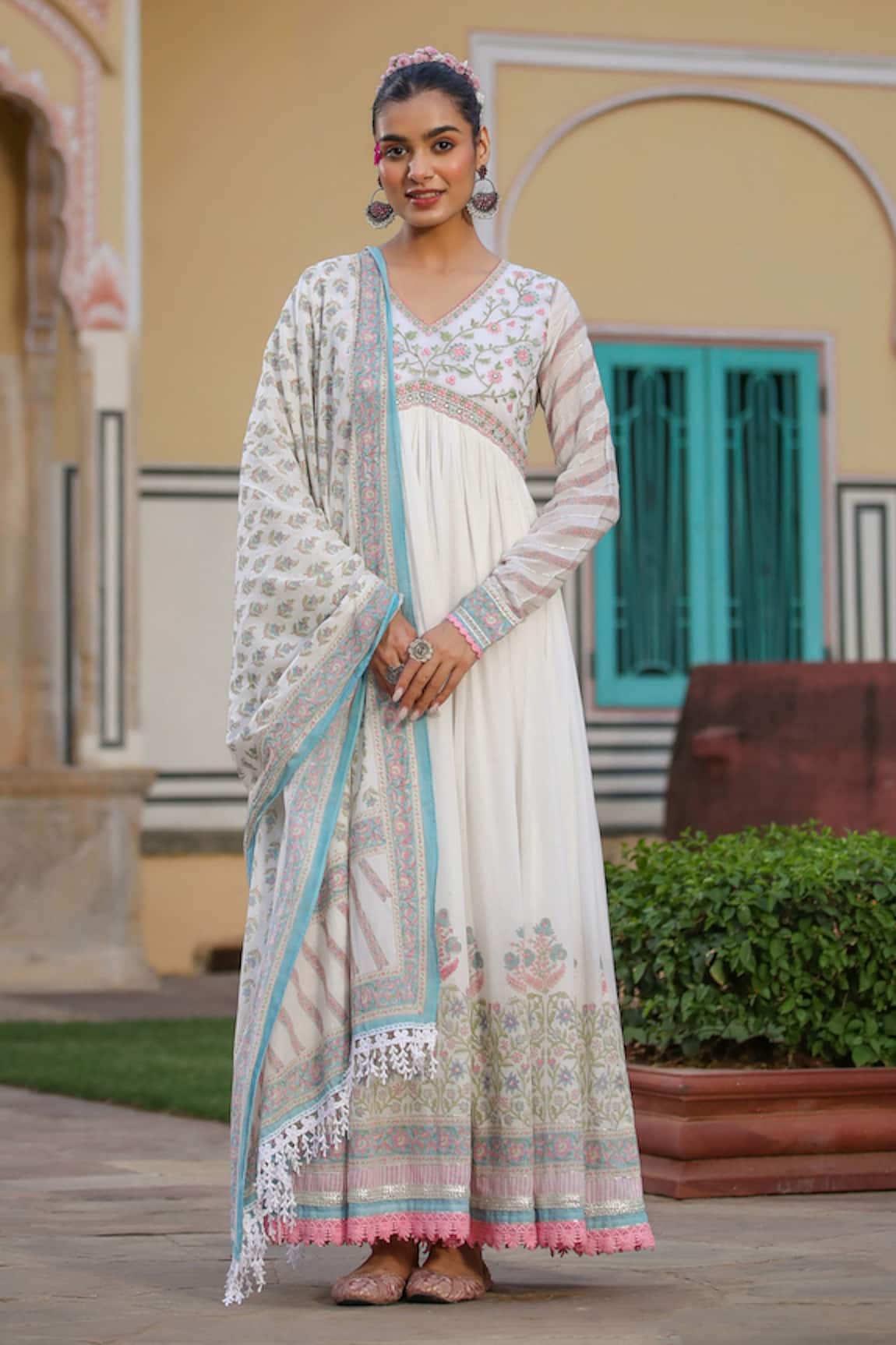 Bairaas Floret Block Print Anarkali With Dupatta