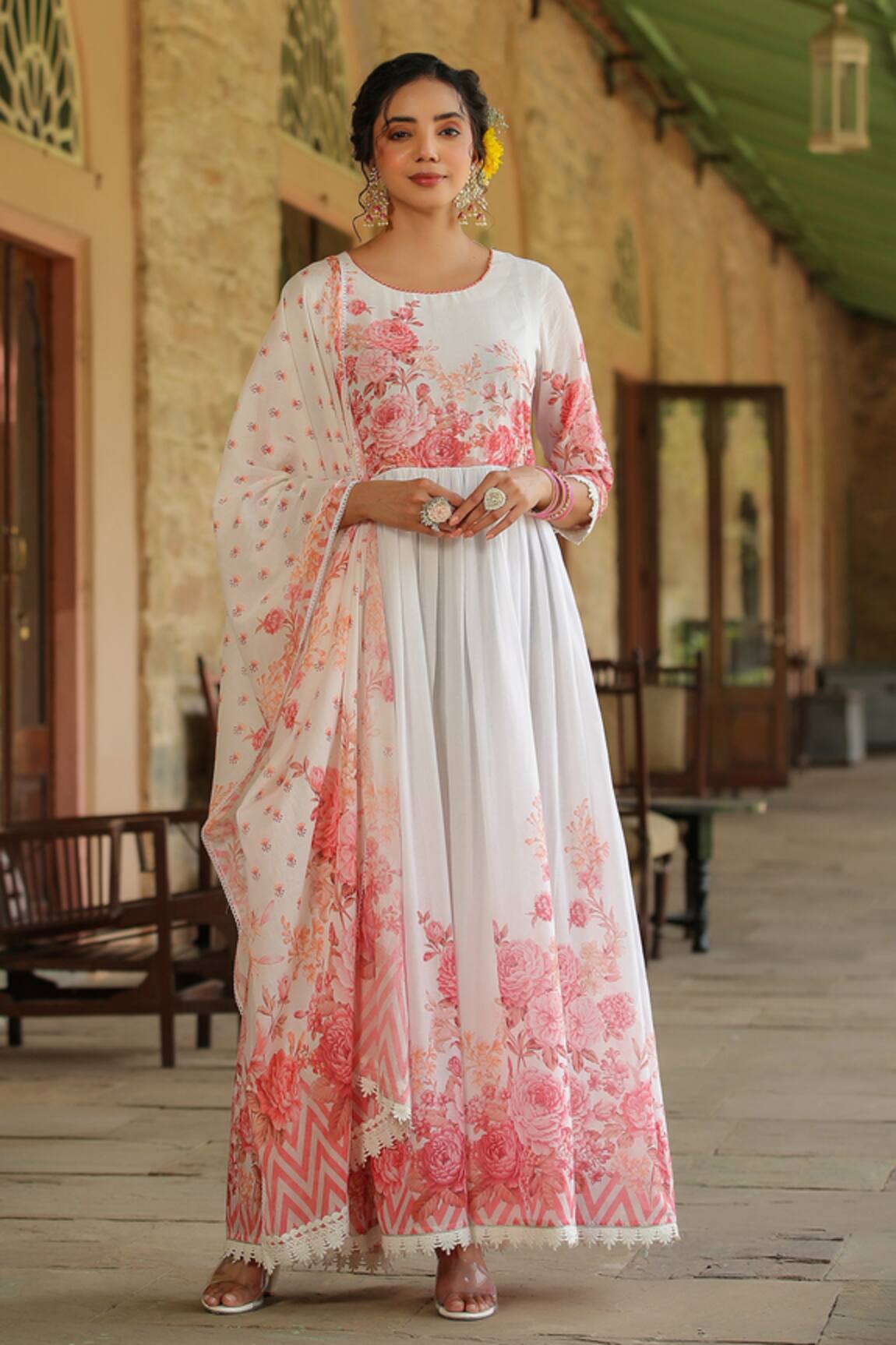 Bairaas Floral Block Print Anarkali With Dupatta