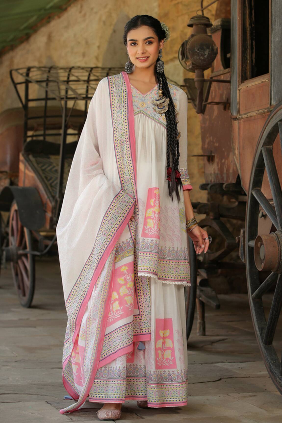 Bairaas Flower Block Print Anarkali Sharara Set