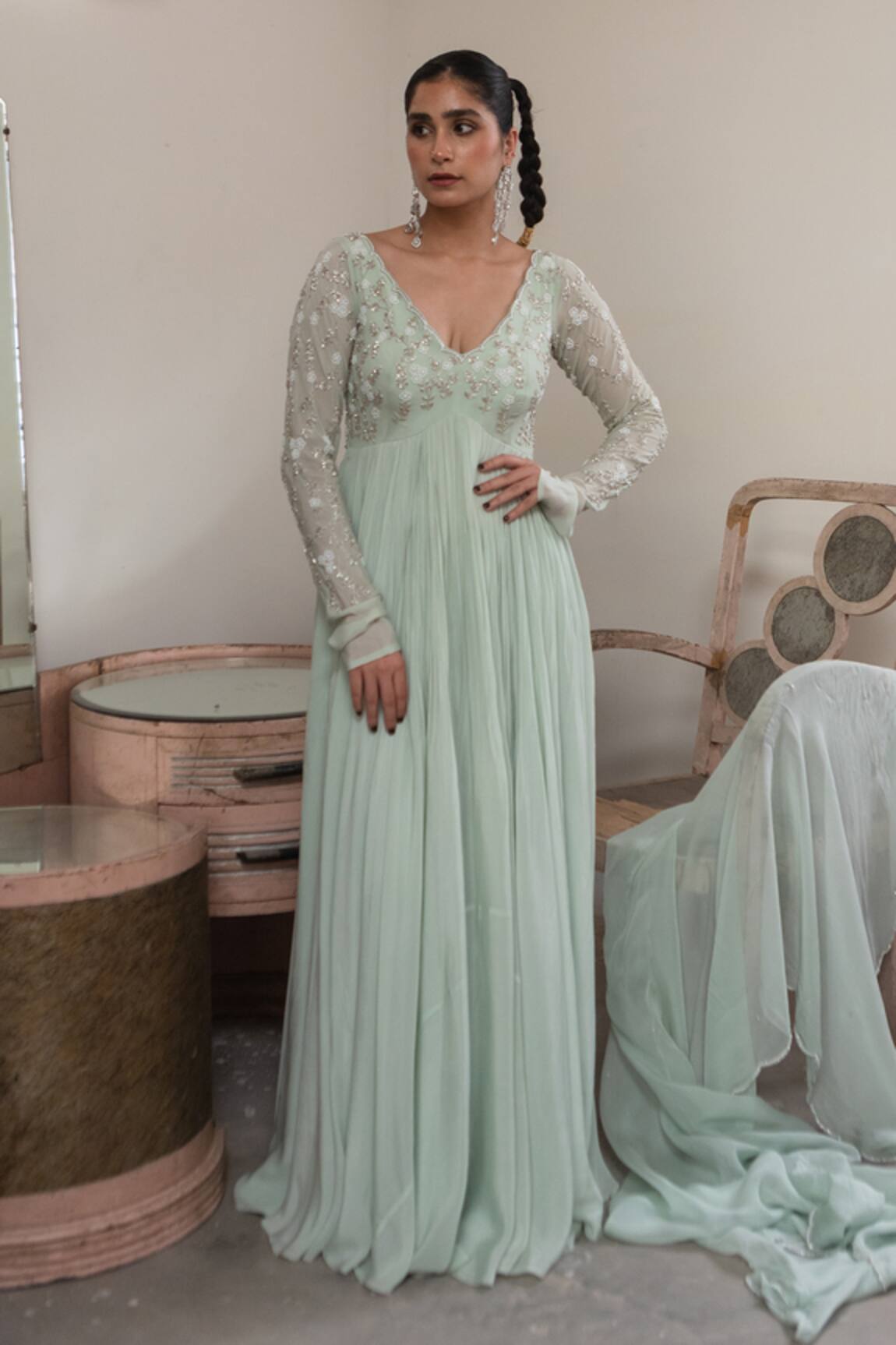 EASE Floral Embroidered Yoke Anarkali With Dupatta