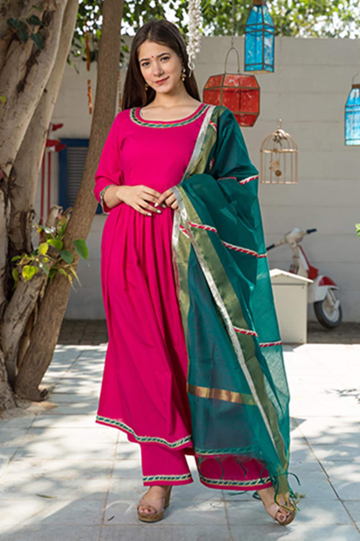 Pheeta Cotton Anarkali Set With Contrast Dupatta