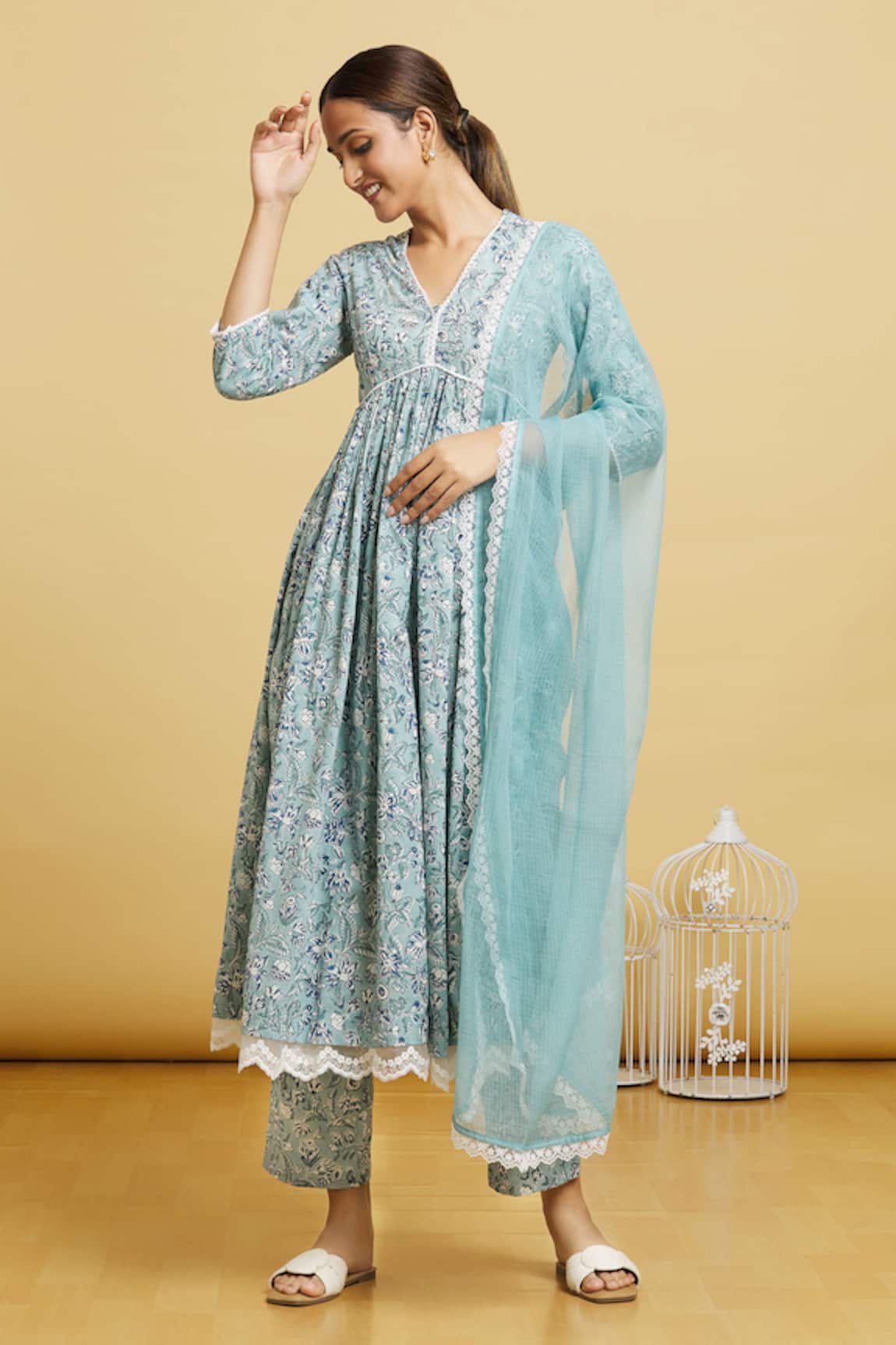 Adara Khan Handblock Floral Anarkali Pant Set