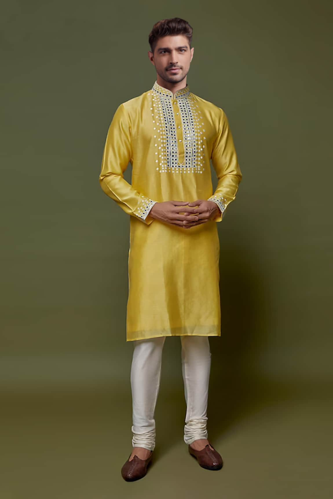 SAMMOHAN CEREMONIAL Chanderi Mirrorwork Placket Kurta With Churidar