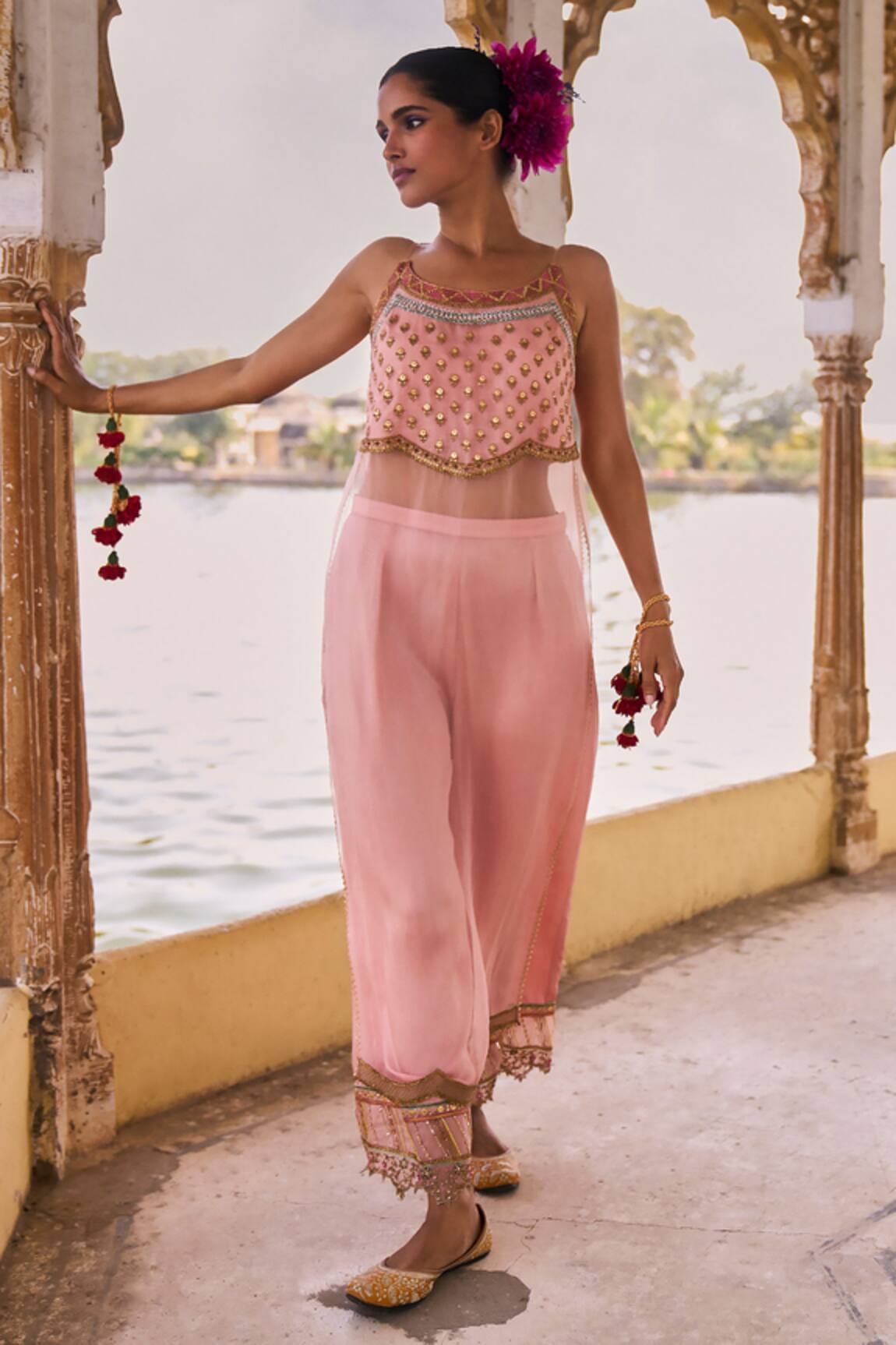 Rajiramniq Hand Embroidered Yoke Sheer Kurta Palazzo Set