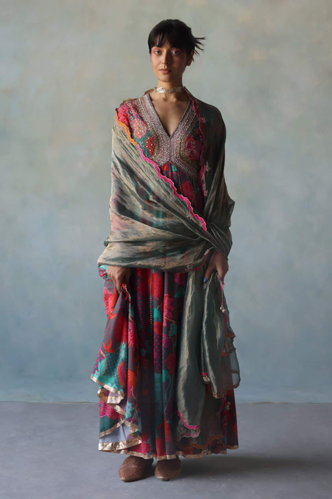 Rajiramniq Retro Floral Print Anarkali With Dupatta