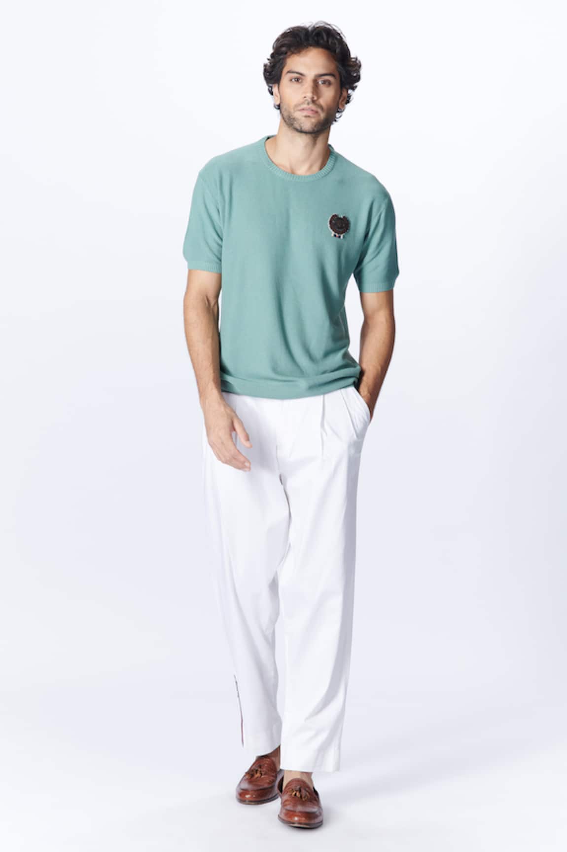 S&N by Shantnu Nikhil Round Neck Placement Embroidered T Shirt
