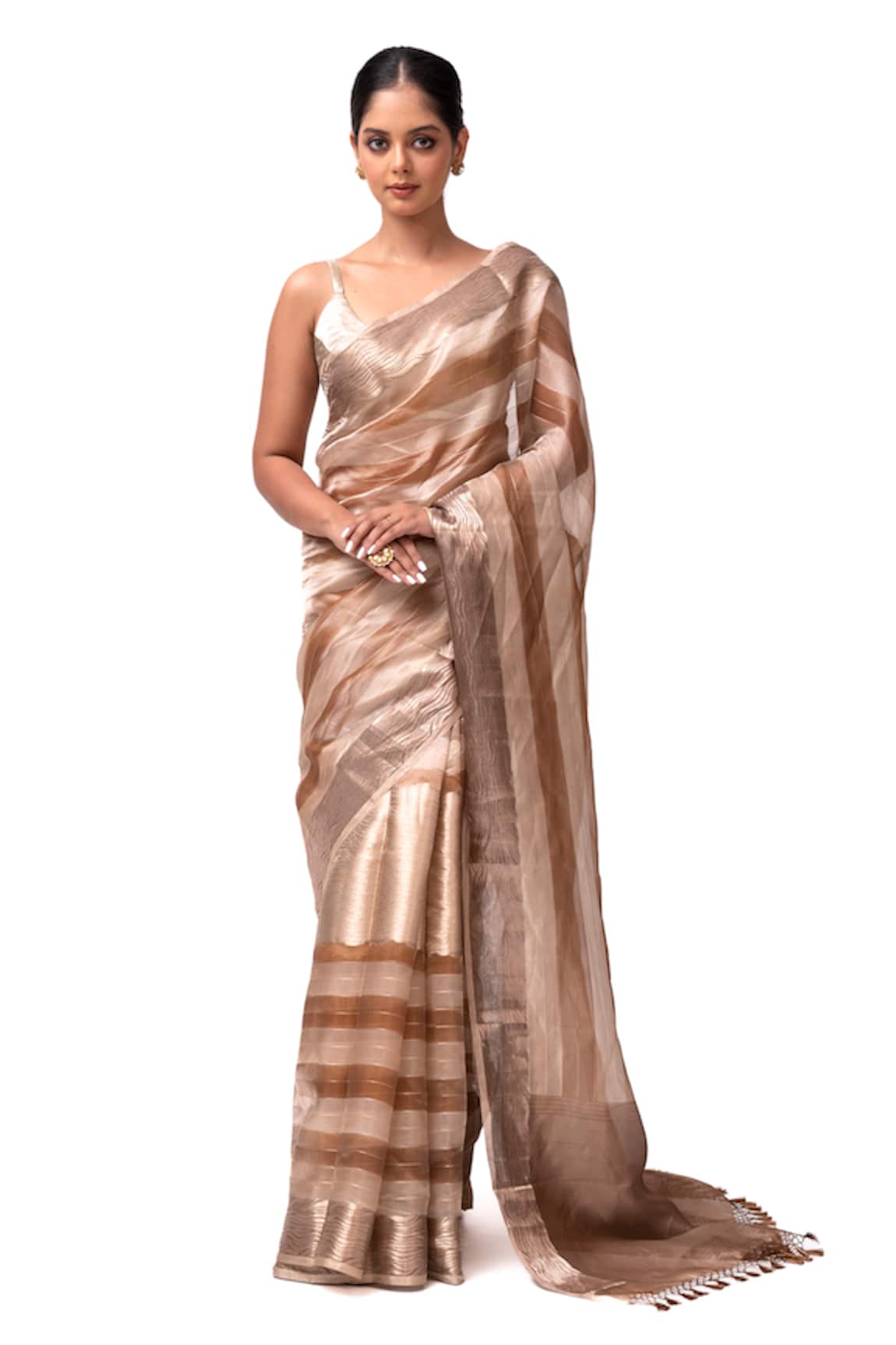 Sacred Weaves Tissue Silk Banarasi Striped Saree