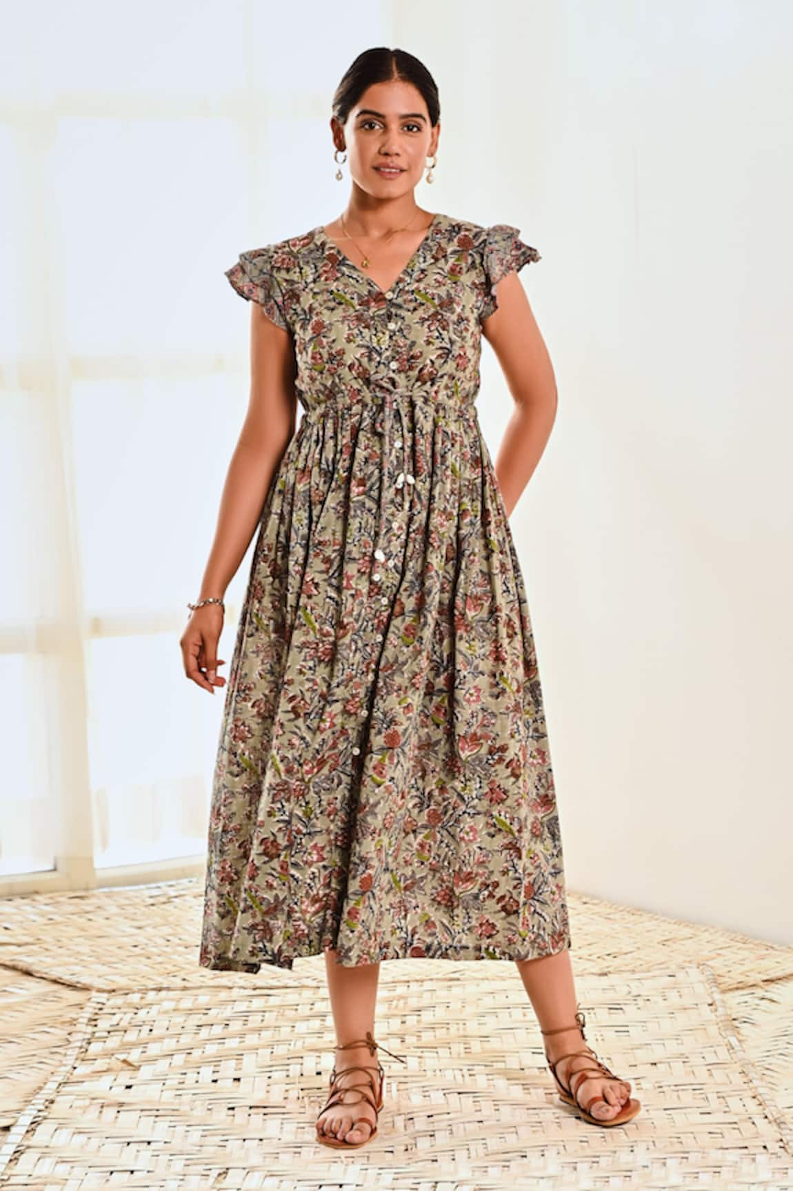 Moontara Blue Botanical Print Cotton Midi Dress