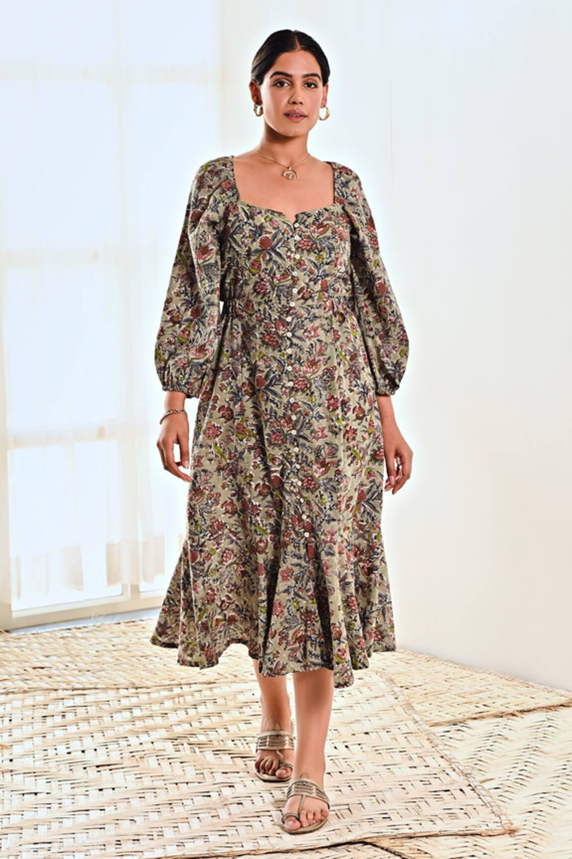 Moontara Botanical Print Balloon Sleeve Dress