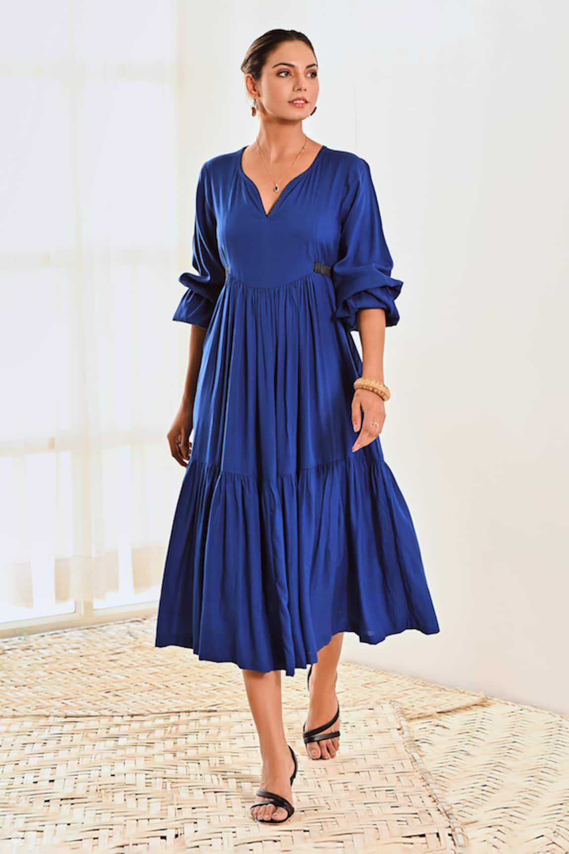 Moontara Blue Cotton Tiered Dress With V Neck
