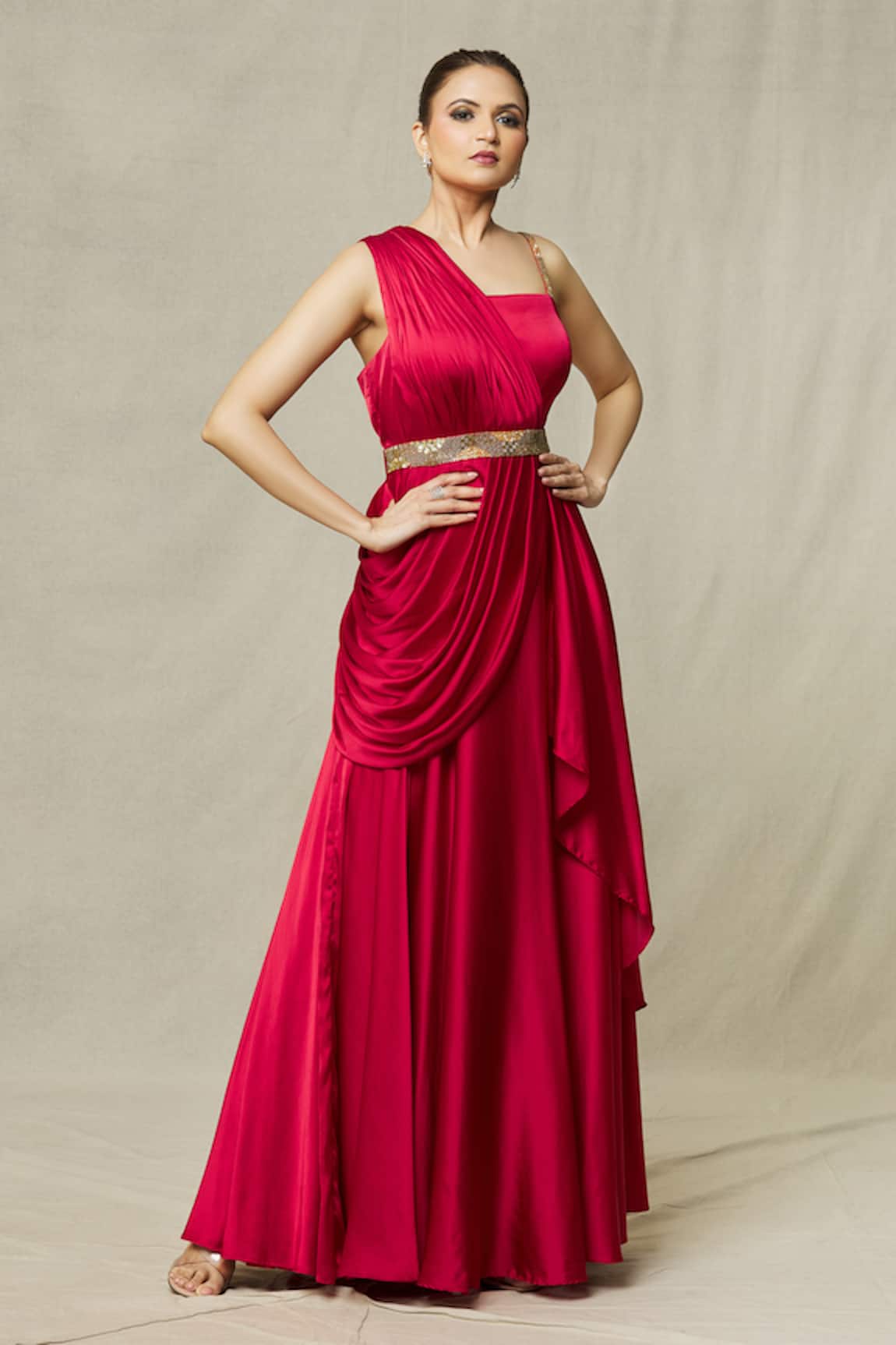 Khwaab by Sanjana Lakhani Draped Gown With Embroidered Belt