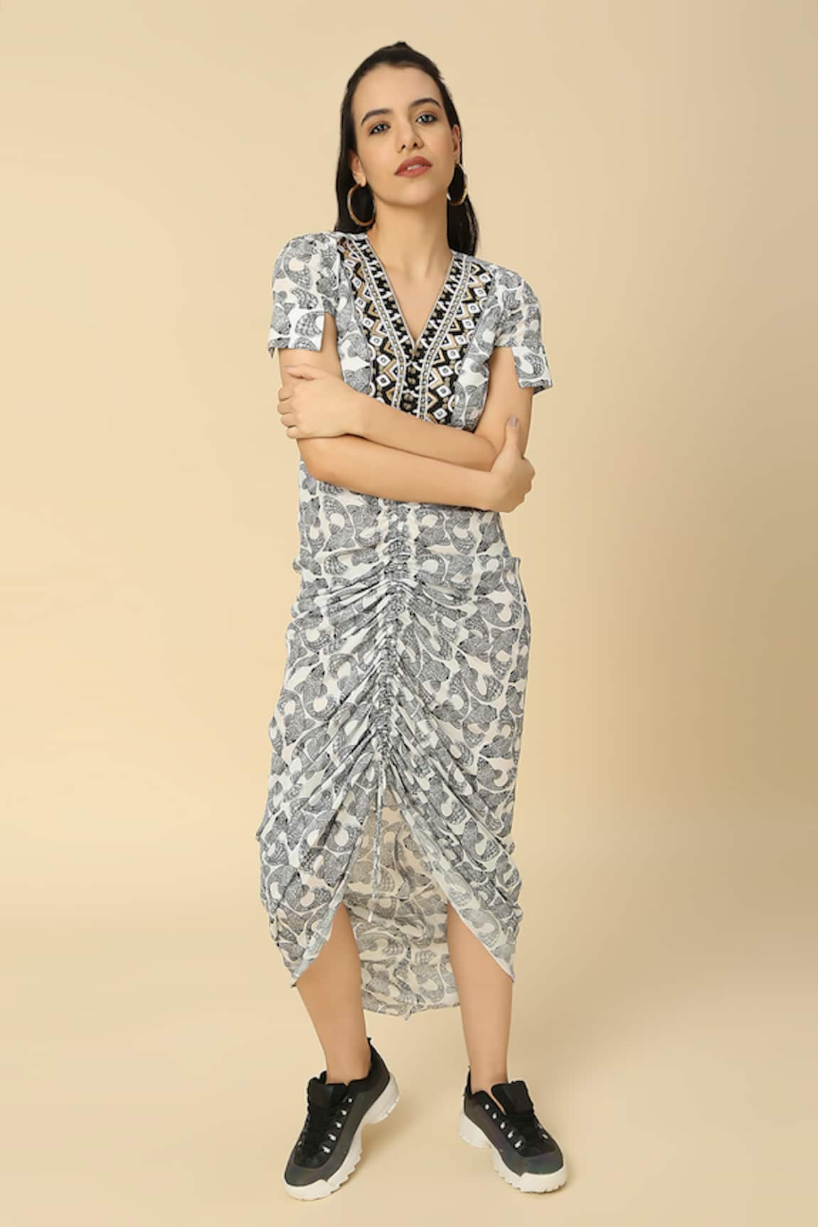 Neha Gursahani Fish Print Draped Cocoon Dress