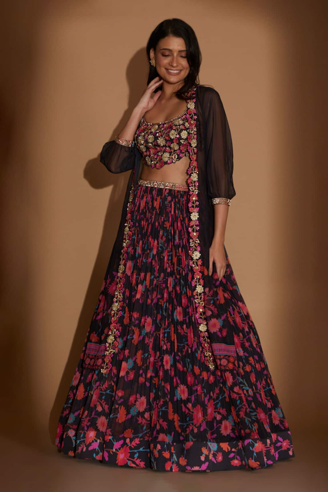 Show Shaa Sheer Floral Embroidered Border Cape Lehenga Set