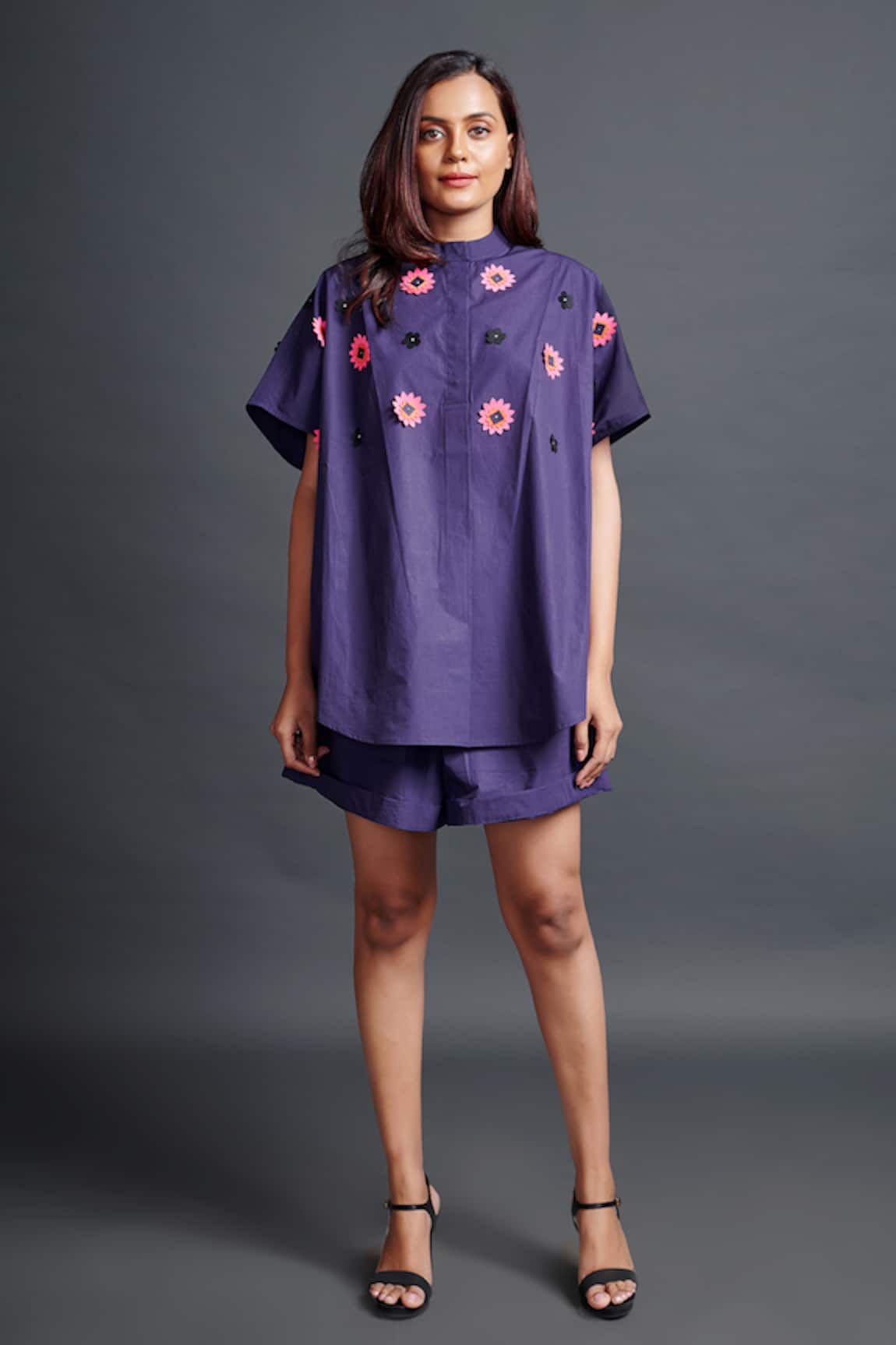 Deepika Arora Cotton Geometric Embroidered Shirt & Shorts Set