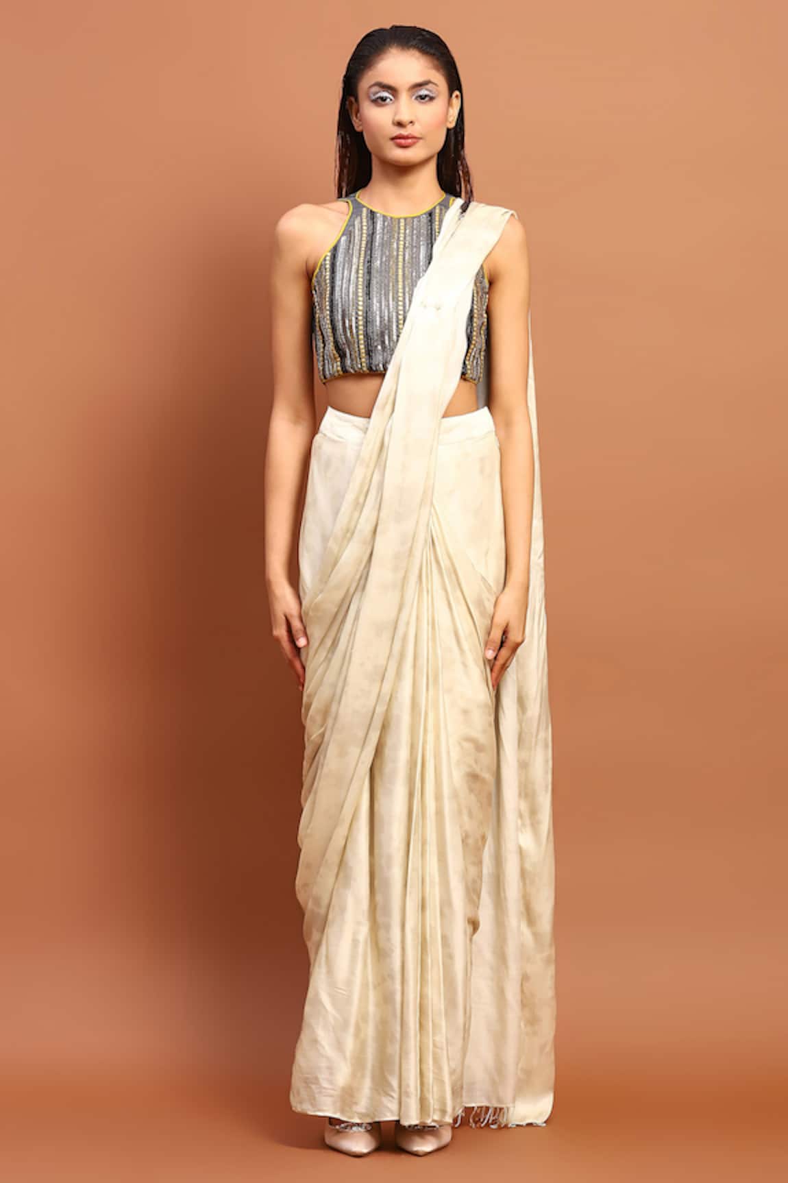 Soniya G Printed Pre-Draped Saree With Embroidered Blouse 