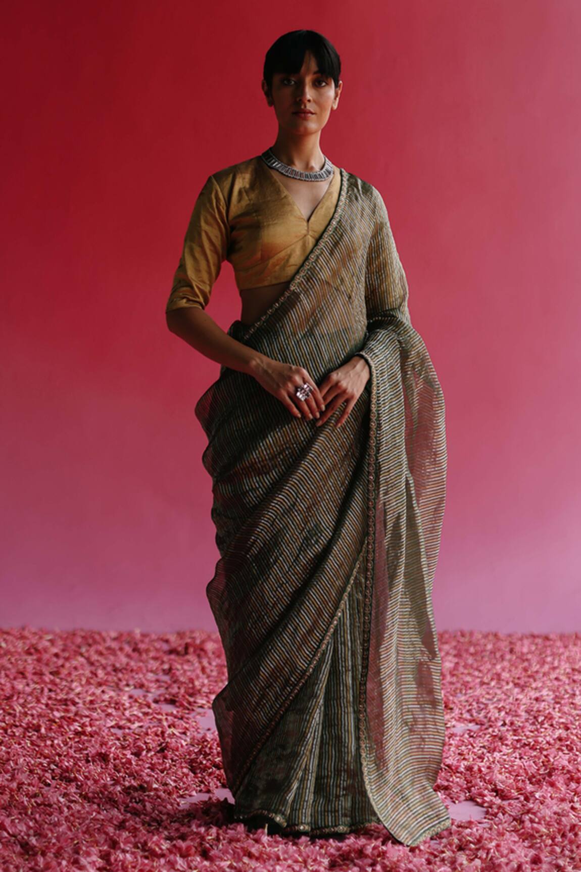 Taisha Aago Stripe Woven Saree With Satin Petticoat