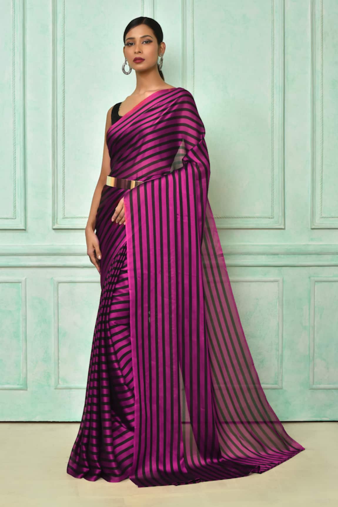 Adara Khan Sheer Stripe Print Saree With Running Blouse