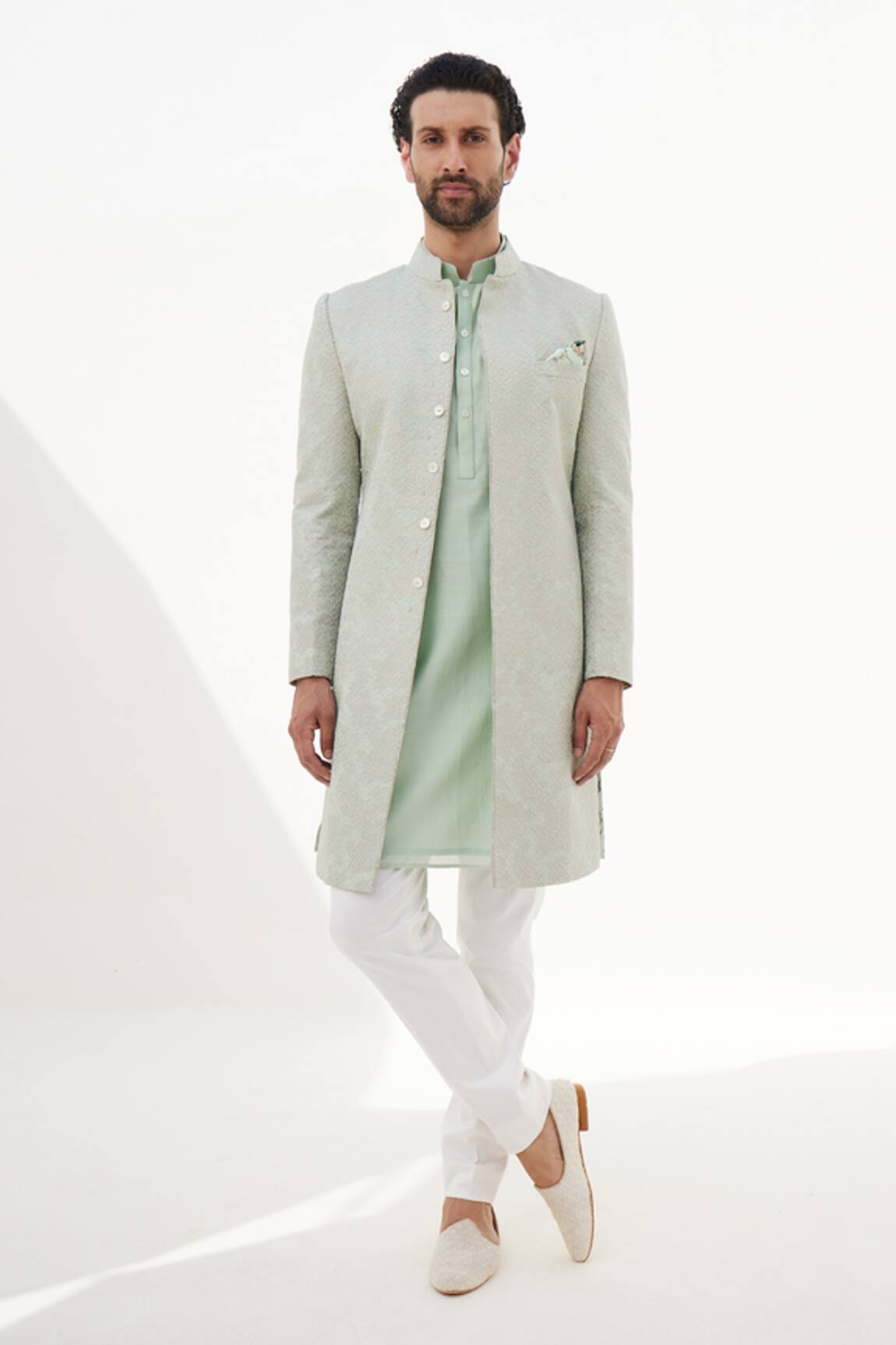 Arjan Dugal Banarasi Silk Scalloped Embroidered Achkan Set