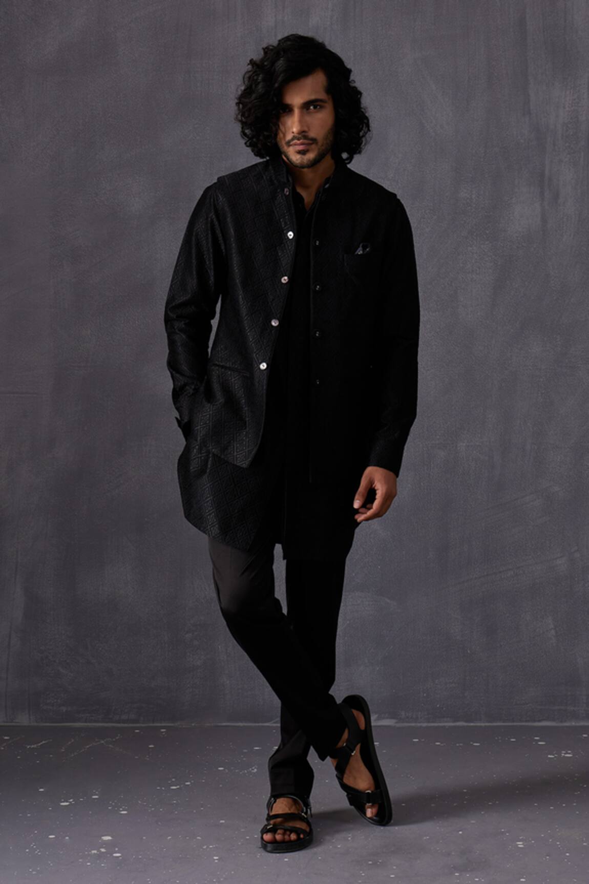 Arjan Dugal Black Chanderi Silk Embroidered Bundi 