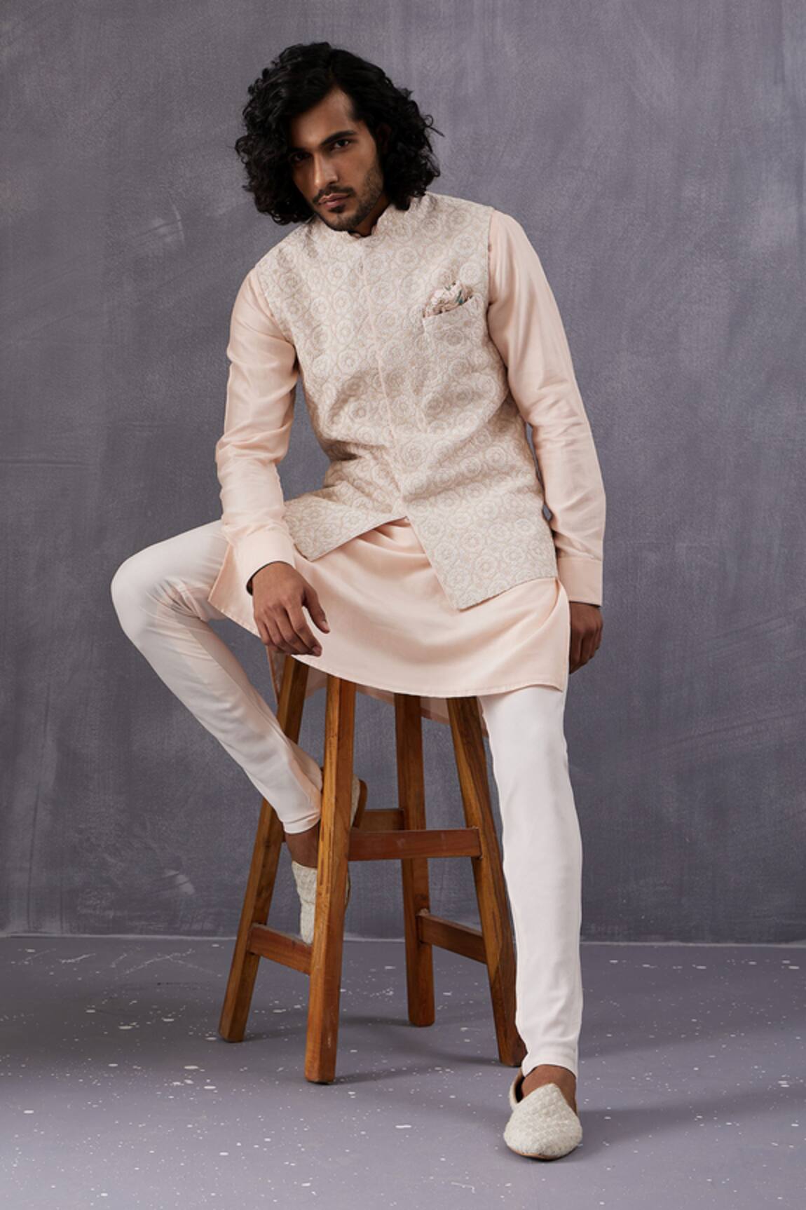 Arjan Dugal Powder Pink Chanderi Silk Dori Work Bundi 