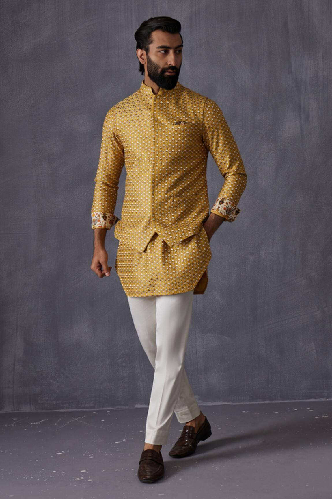 Arjan Dugal Mustard Chanderi Silk Embroidered Bundi