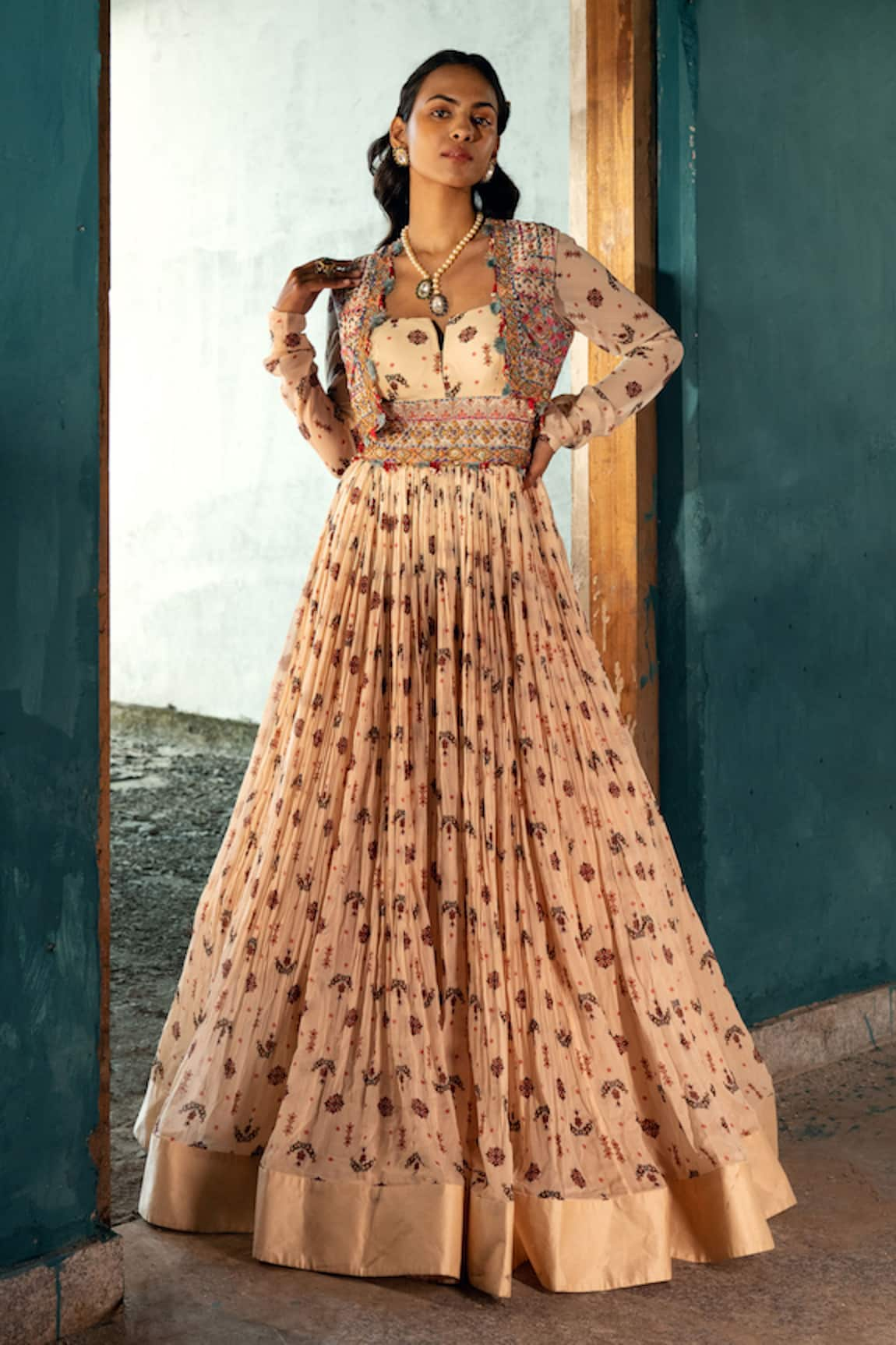 KYROSS Floral Jaal Print Anarkali With Gilet