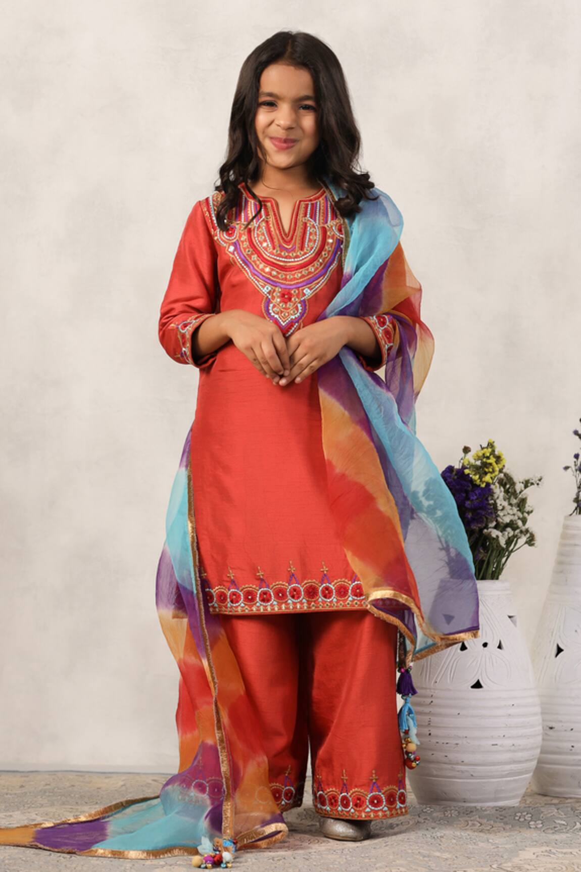 CASA NINOS Silk Yoke Embroidered Kurta Set