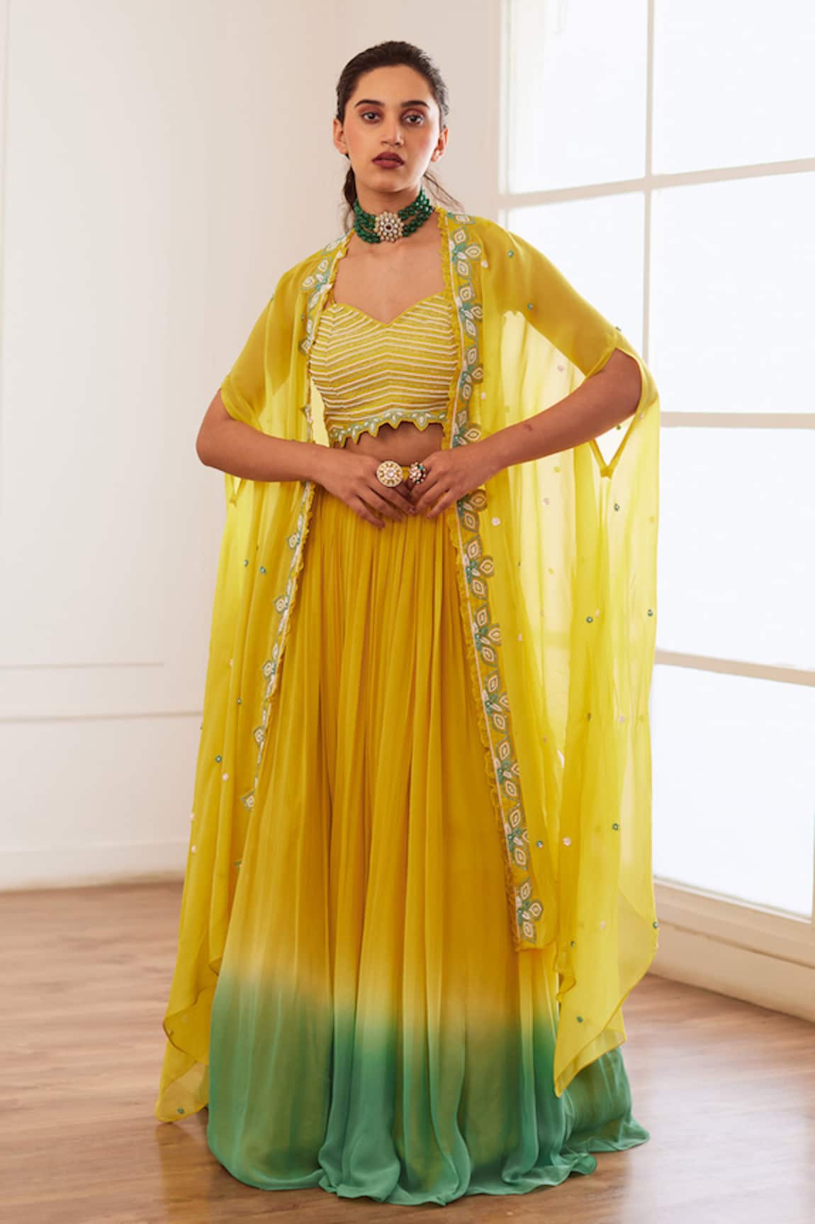 Sonal Pasrija Embroidered Cape Ombre Lehenga Set
