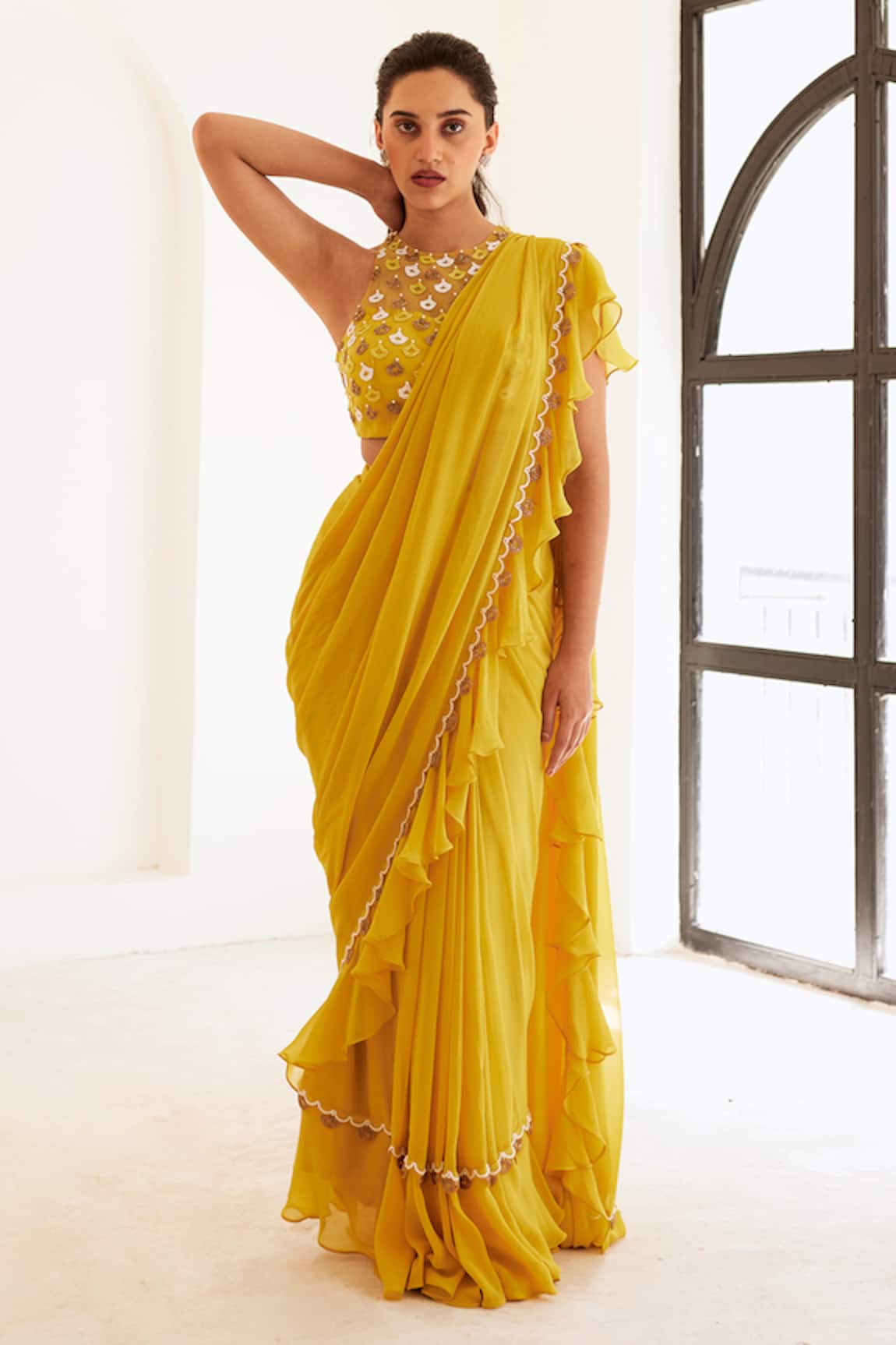 Sonal Pasrija Pre-Draped Ruffle Saree With Embroidered Blouse