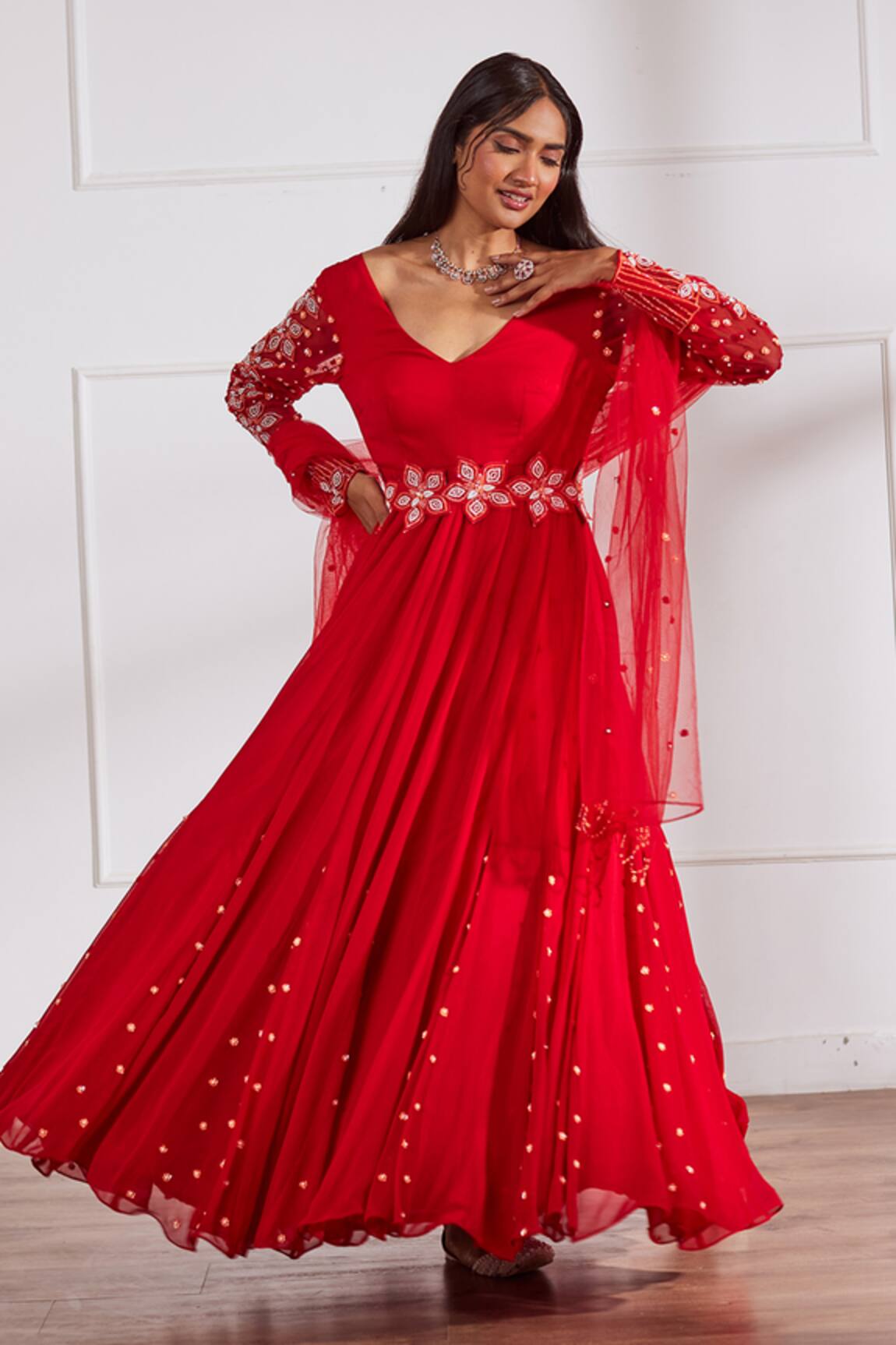 Sonal Pasrija Placed Pearl Embellished Anarkali With Dupatta