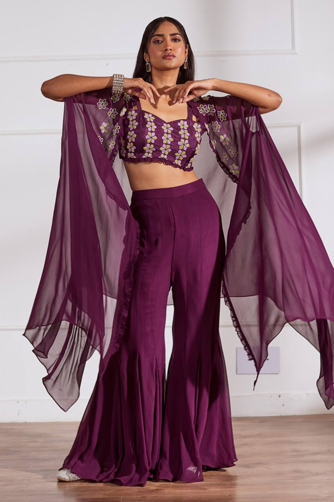 Sonal Pasrija Flower Cutdana Embellished Cape Sharara Set