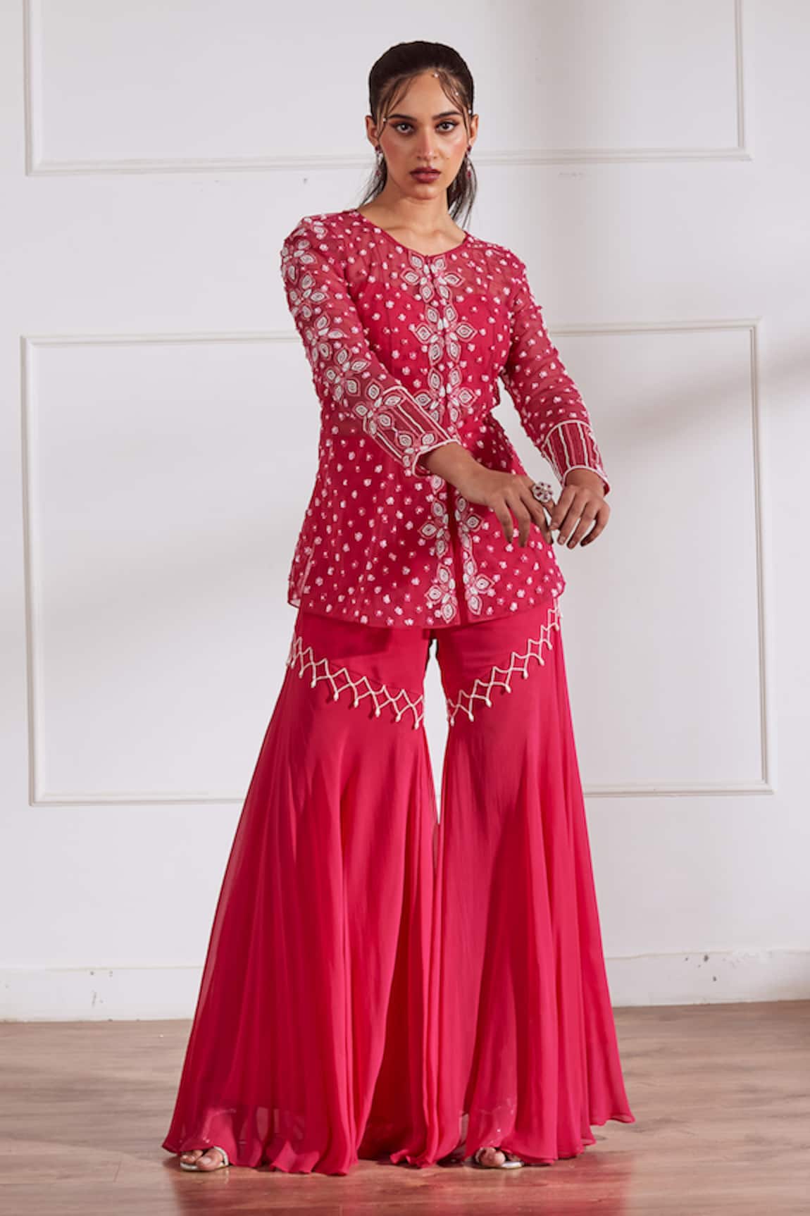 Sonal Pasrija Pearl Embellished Sheer Peplum Top Gharara Set