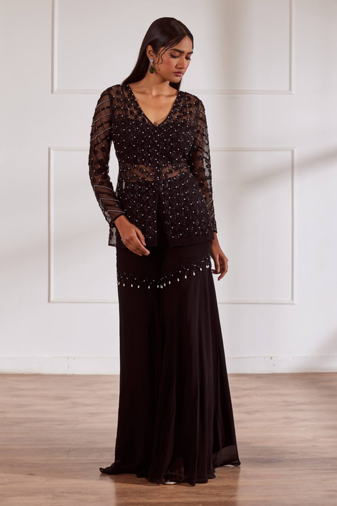 Sonal Pasrija Tonal Cutdana Embellished Peplum Top Gharara Set