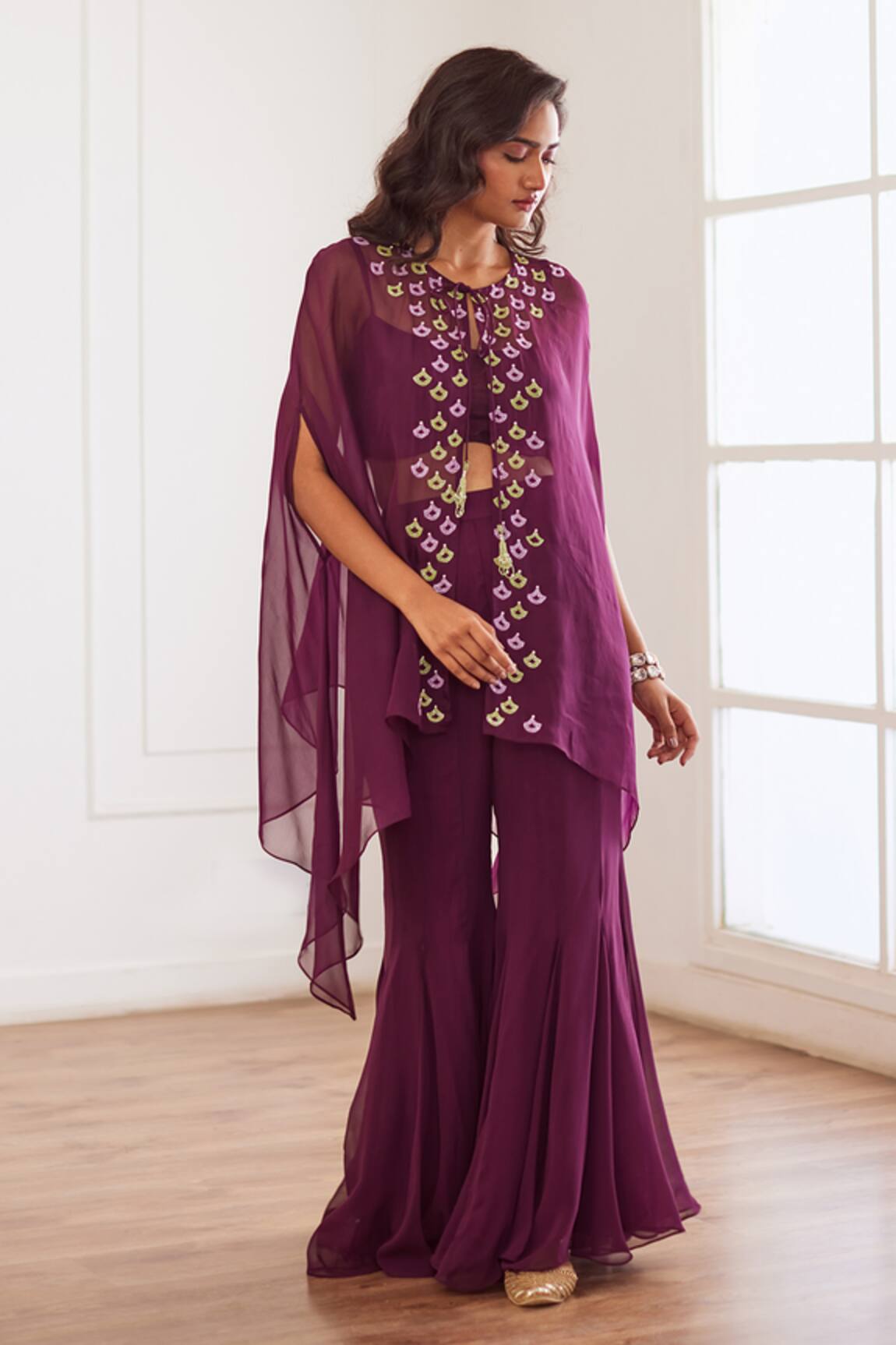 Sonal Pasrija Crystal Embellished Border Cape Sharara Set