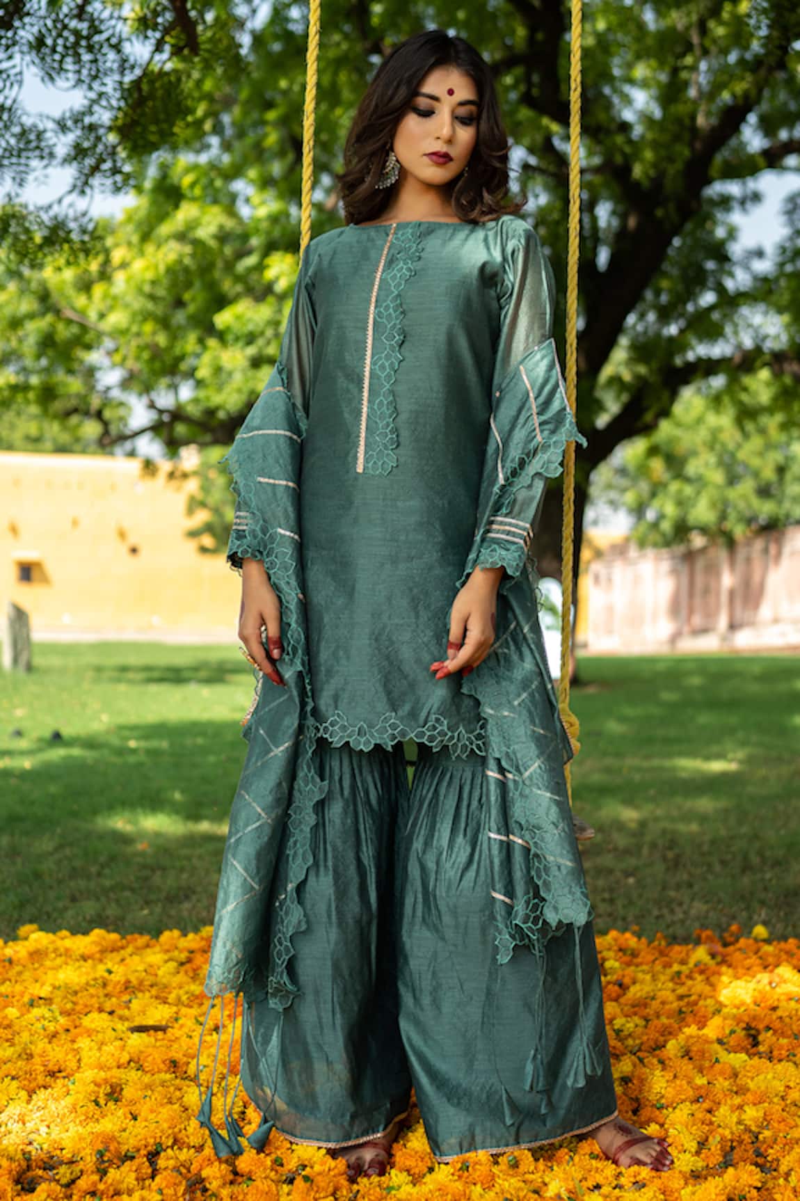 The Home Affair Chanderi Cutwork Kurta Gharara Set