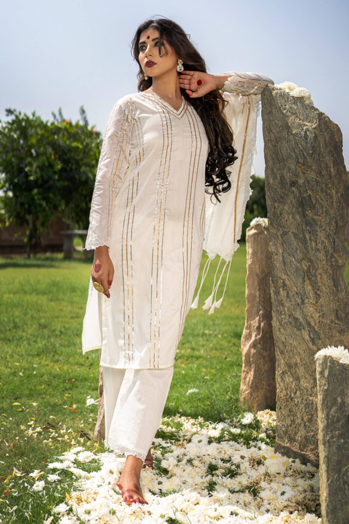 The Home Affair Striped Gota Embroidered Kurta Set