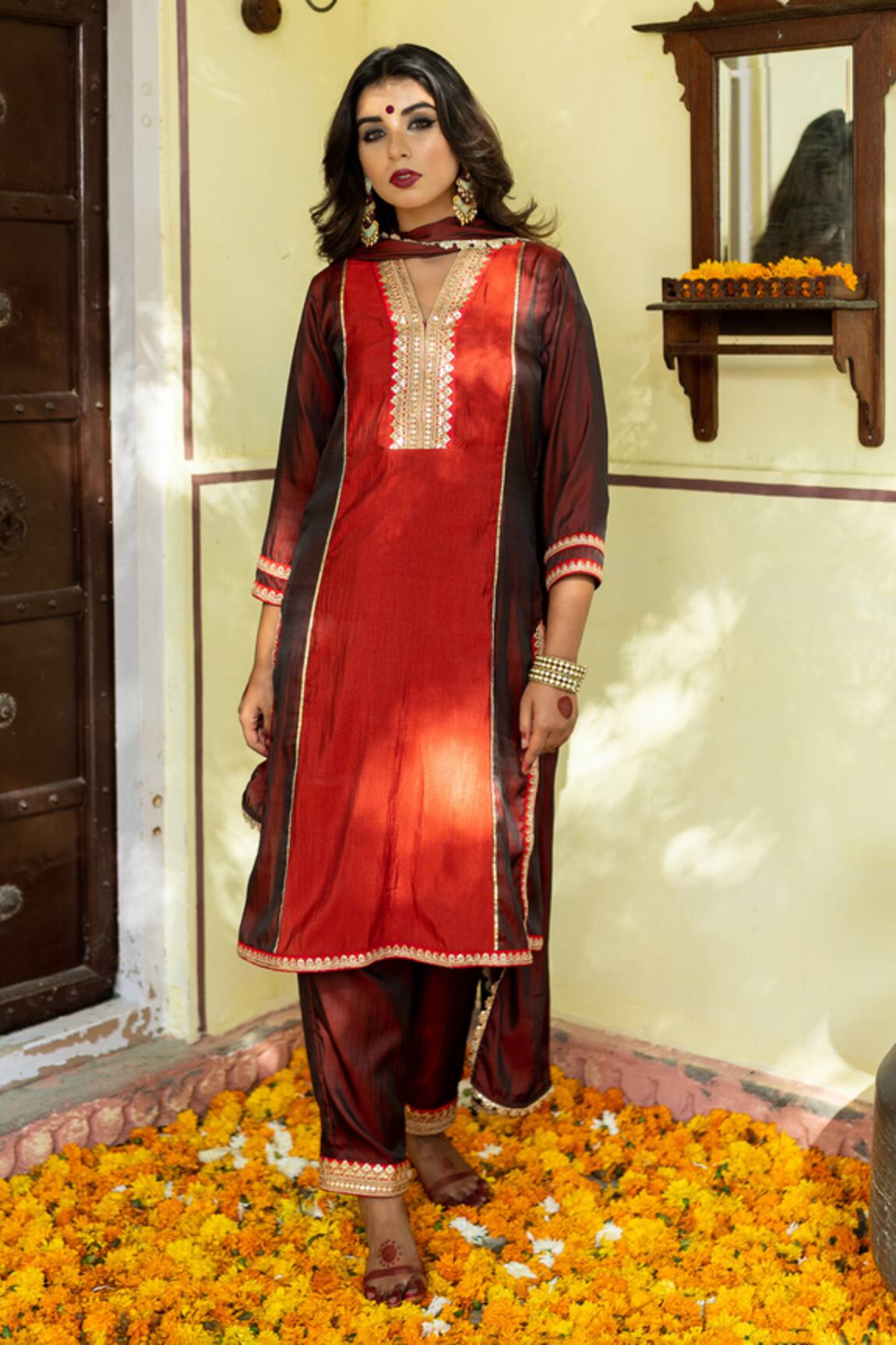 The Home Affair Embroidered Panelled Kurta Pant Set