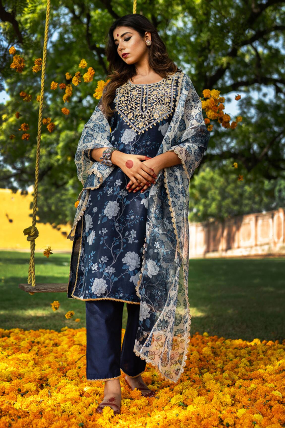 The Home Affair Gota Patti Floral Embroidered Kurta Set