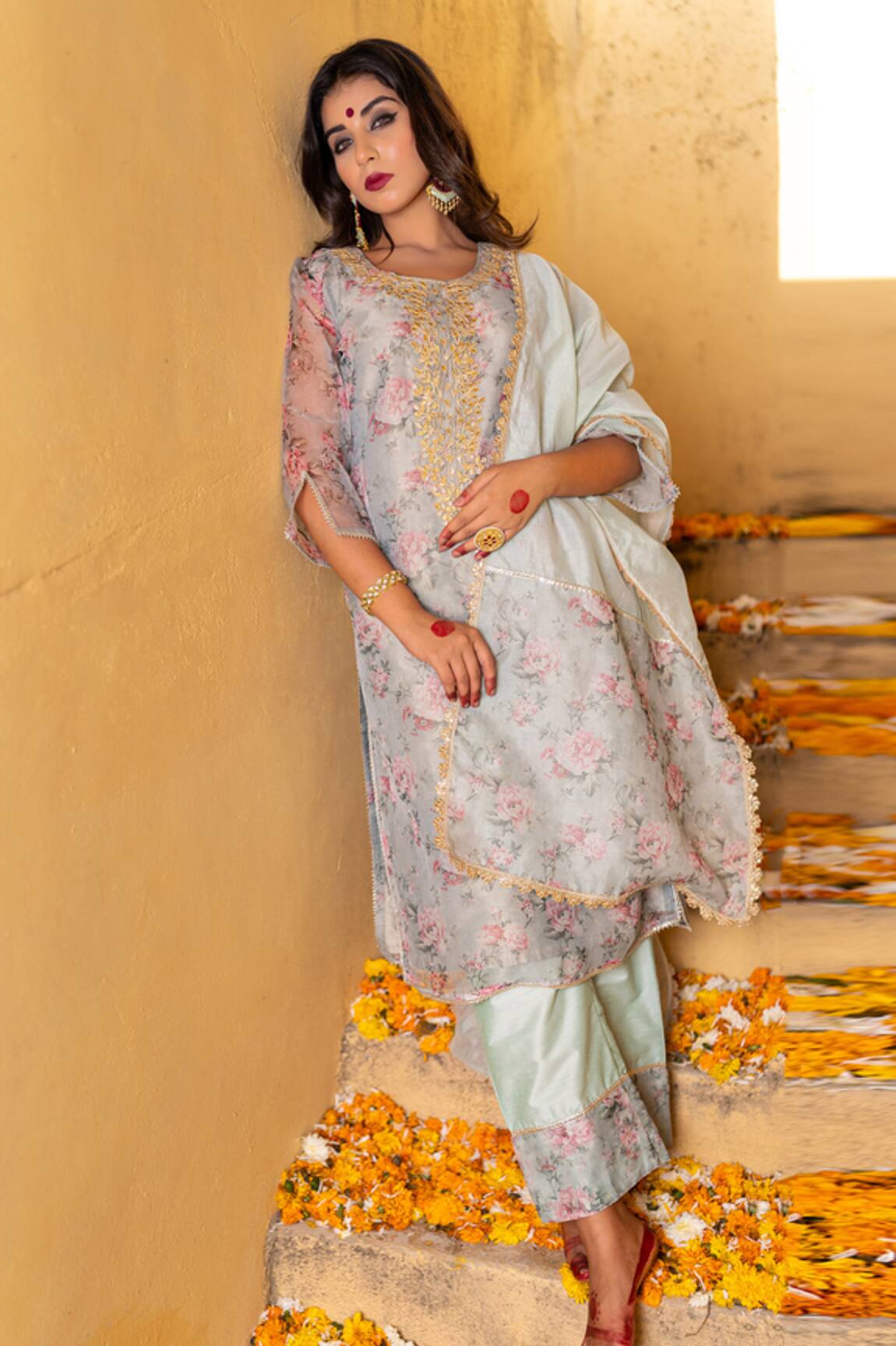 The Home Affair Vintage Floral Print Embroidered Kurta Set