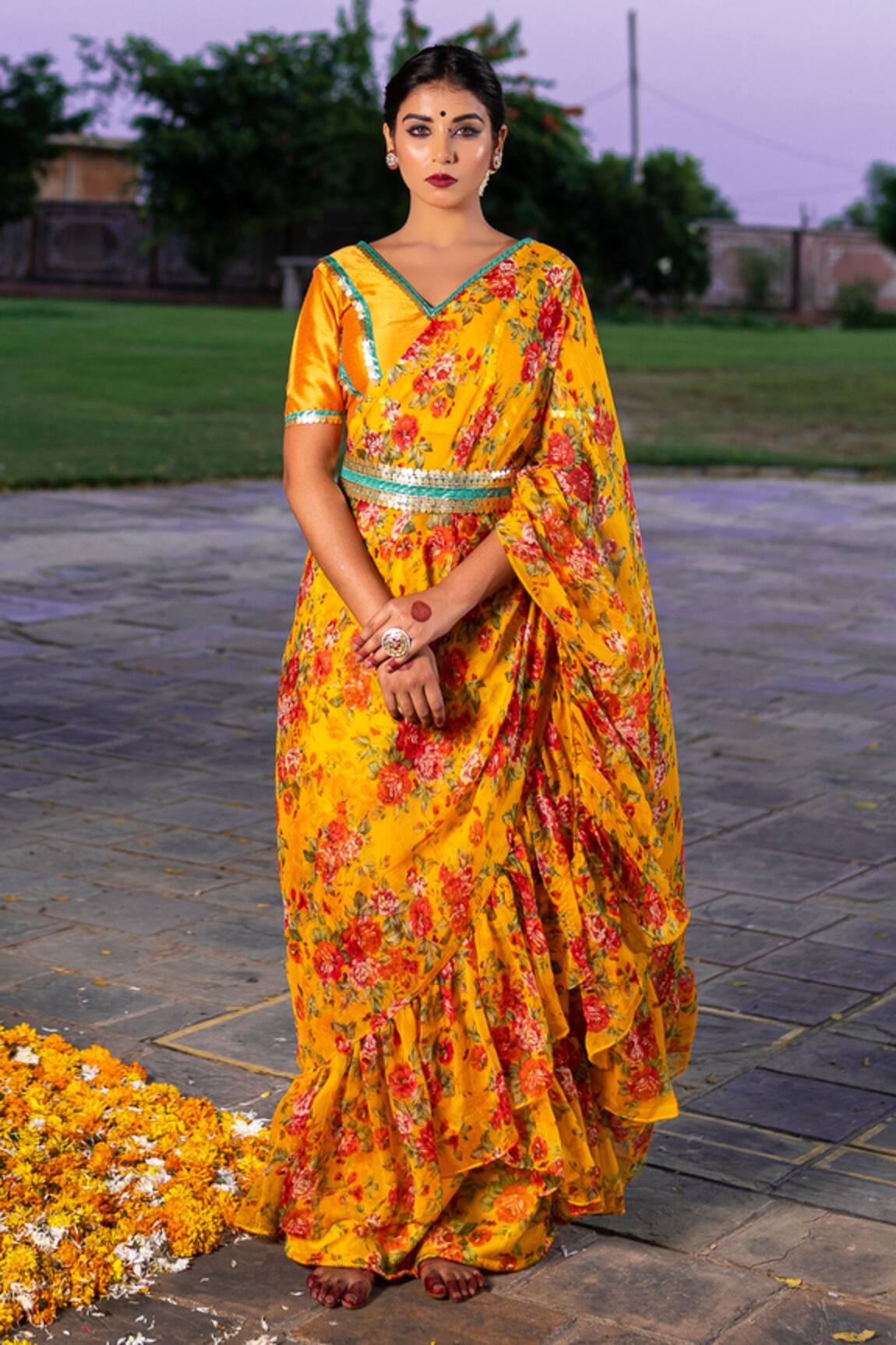 The Home Affair Pre-Stitched Floral Print Saree With Blouse 